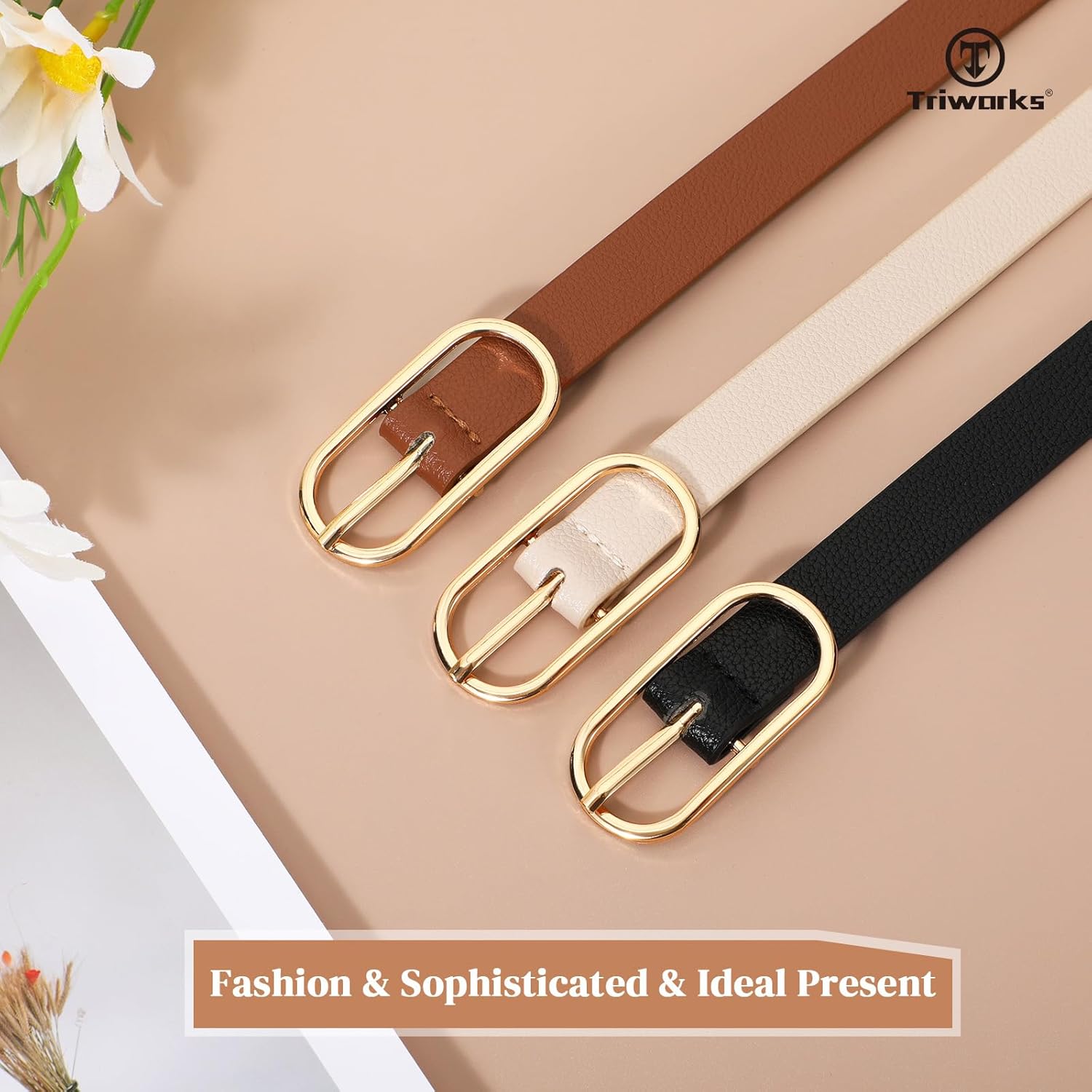 Women Skinny Leather Belt for Dress Pants Jeans Ladies Thin Waist Belts with Gold Buckle - Image 4