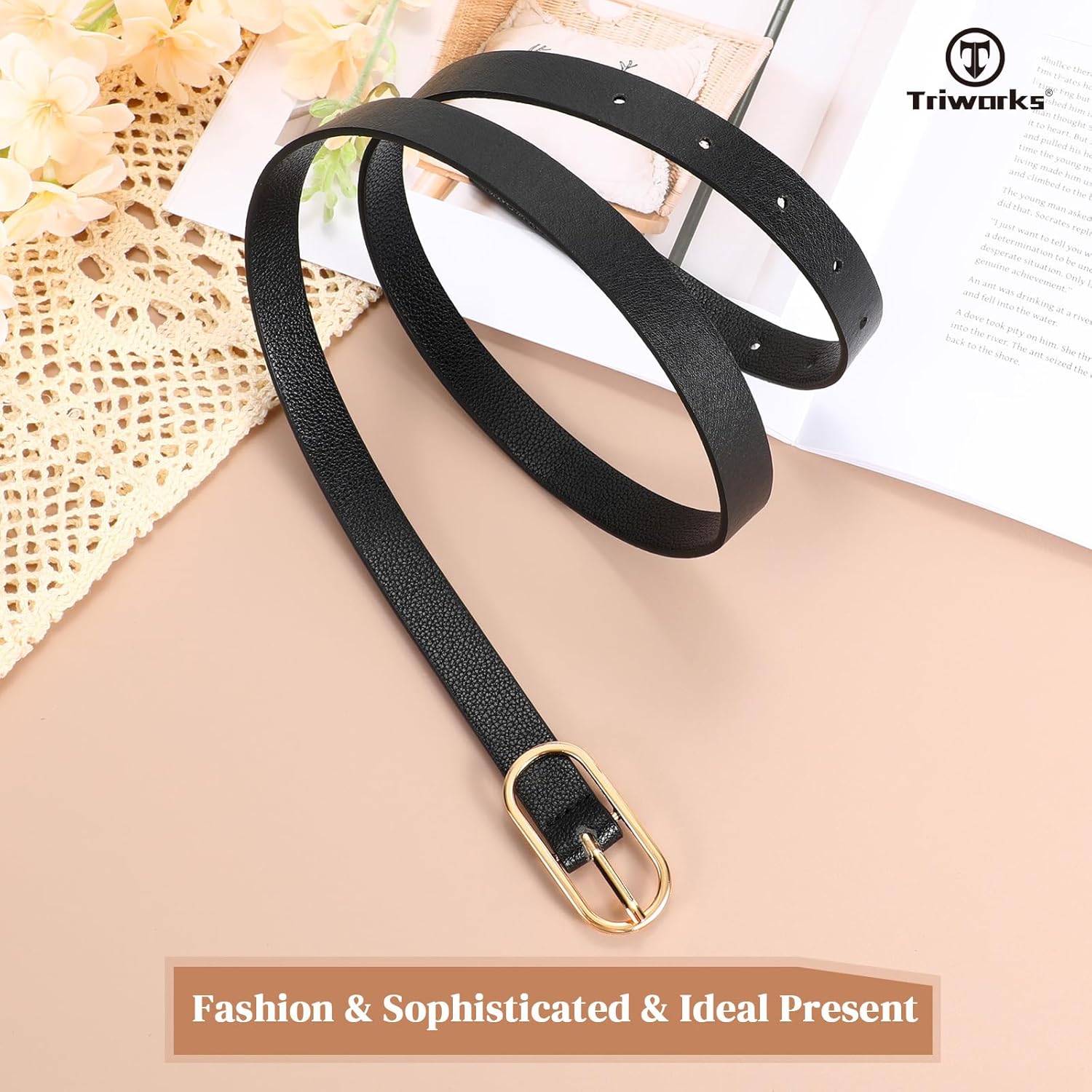 Women Skinny Leather Belt for Dress Pants Jeans Ladies Thin Waist Belts with Gold Buckle - Image 5