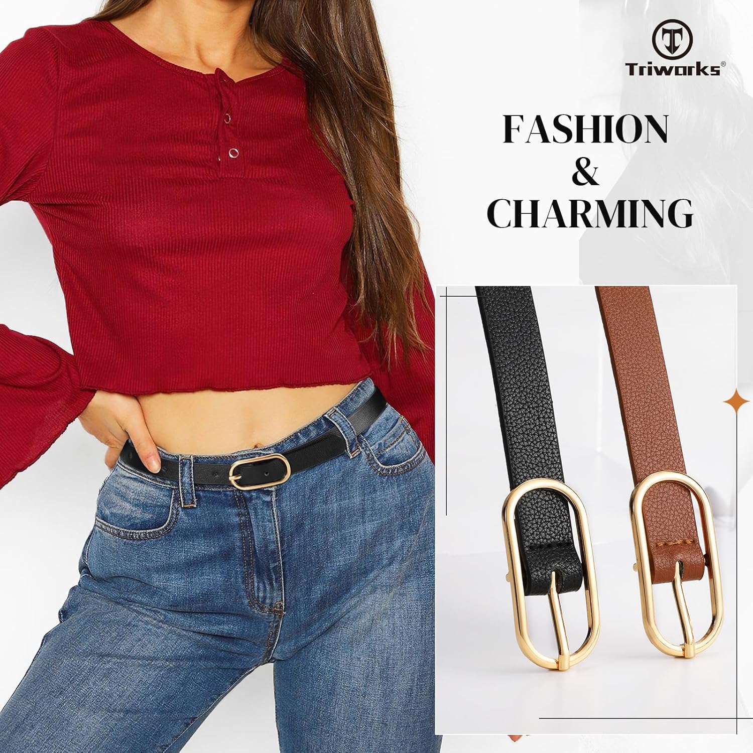 Women Skinny Leather Belt for Dress Pants Jeans Ladies Thin Waist Belts with Gold Buckle - Image 6