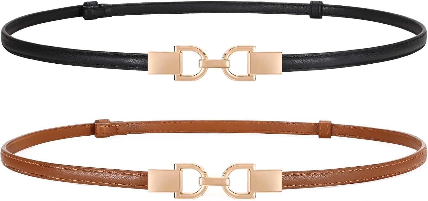 2 Pack Skinny Leather Belts for Women Thin Waist Belts with Adjtable Gold Buckle for Dresses, Coats and Jeans - Image 1