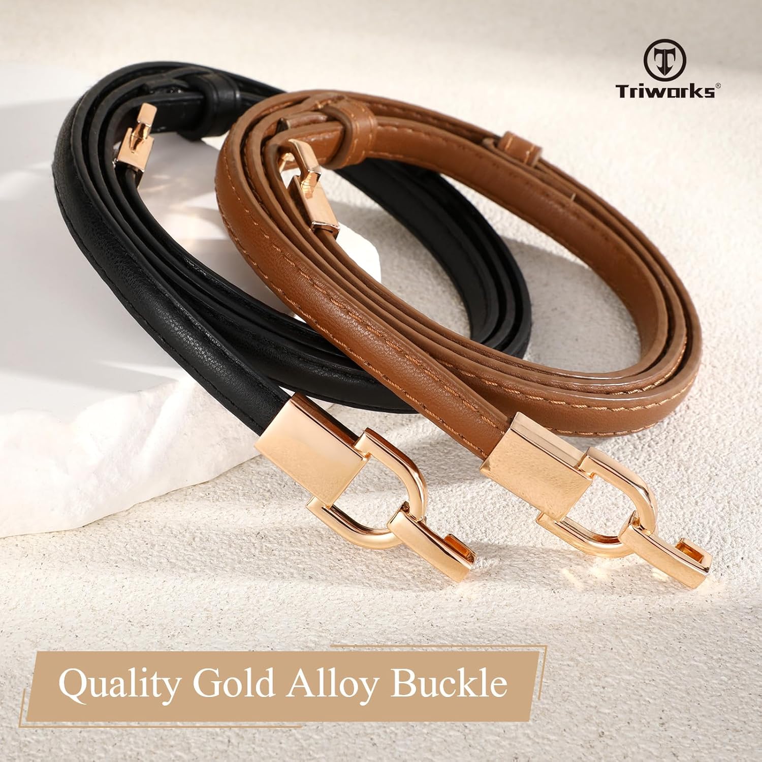 2 Pack Skinny Leather Belts for Women Thin Waist Belts with Adjtable Gold Buckle for Dresses, Coats and Jeans - Image 2
