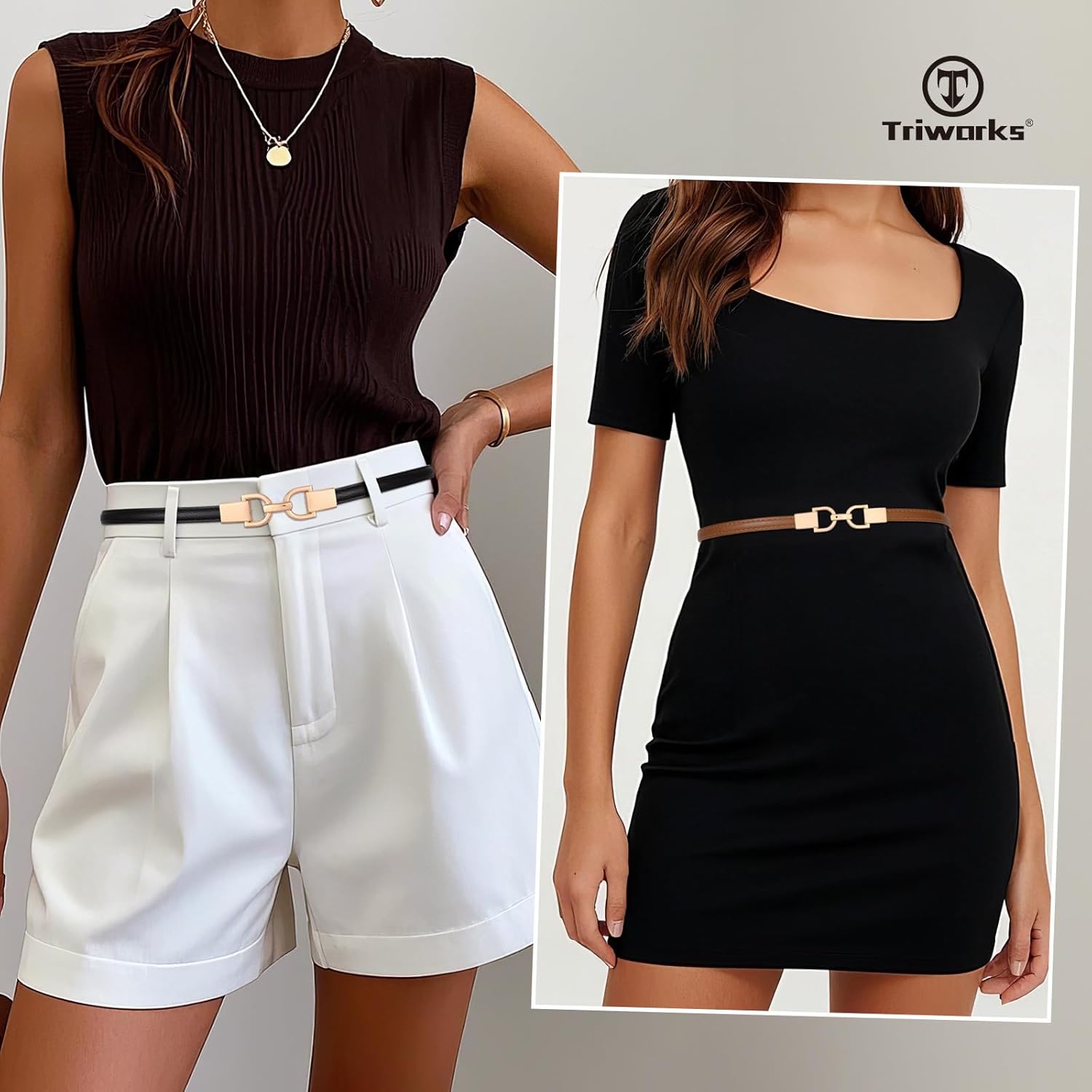 2 Pack Skinny Leather Belts for Women Thin Waist Belts with Adjtable Gold Buckle for Dresses, Coats and Jeans - Image 3