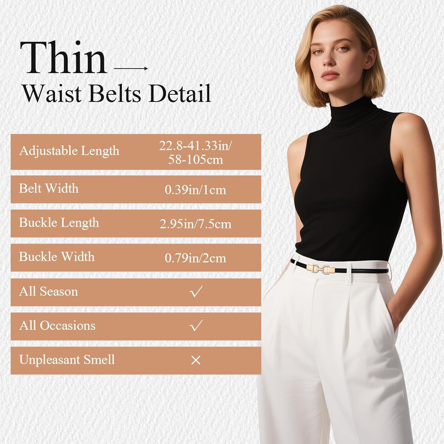 2 Pack Skinny Leather Belts for Women Thin Waist Belts with Adjtable Gold Buckle for Dresses, Coats and Jeans - Image 5