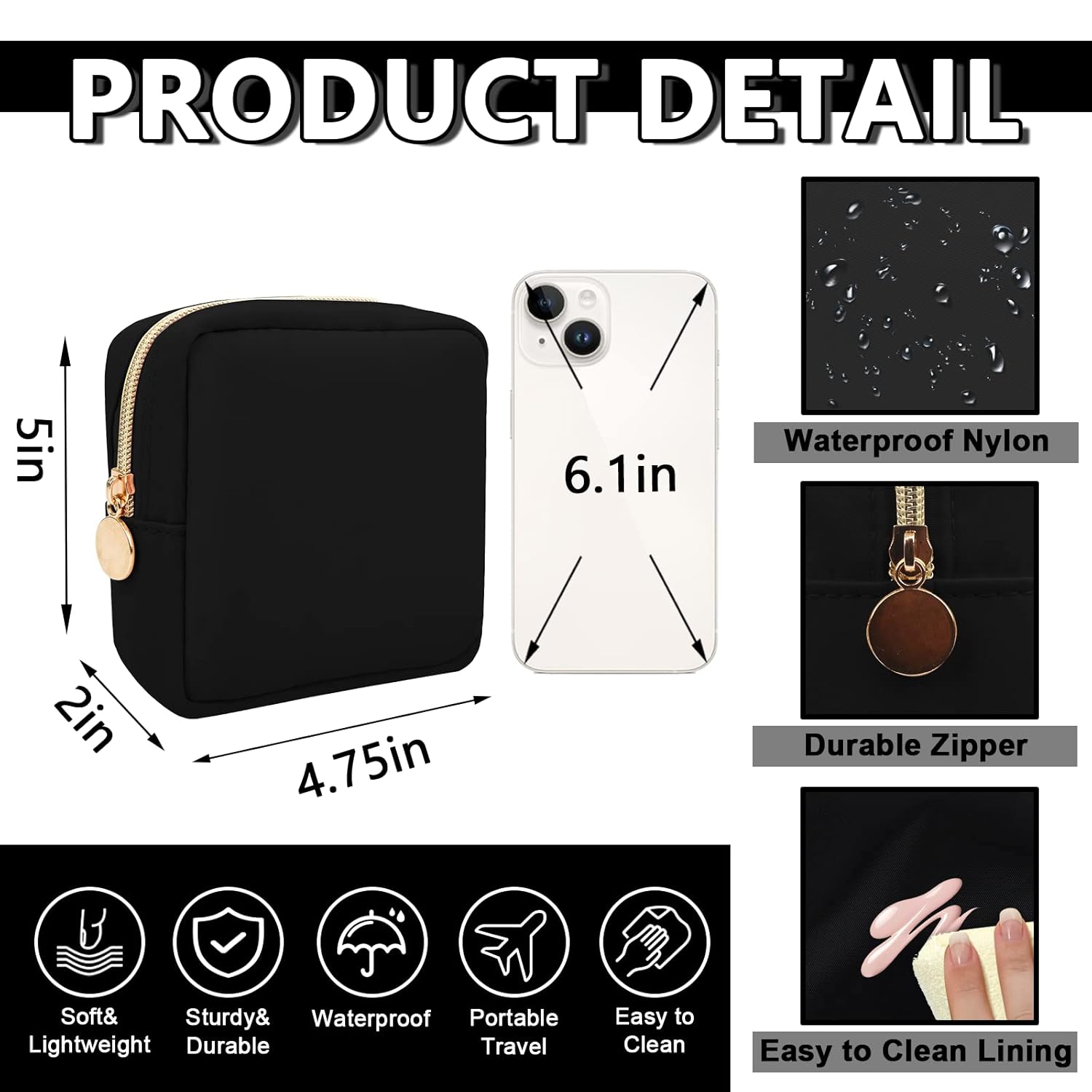 Waterproof Mini Makeup Bag for Purse,Small Cosmetic Pouch Nylon Travel Toiletry Organizers Bag for Women Girls,Cute Zipper Preppy Coin Purse for Work(Mini-Black) - Image 2