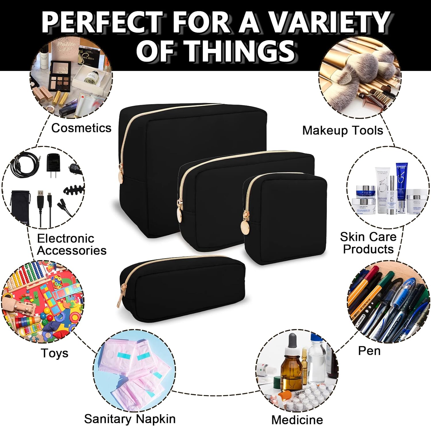 Waterproof Mini Makeup Bag for Purse,Small Cosmetic Pouch Nylon Travel Toiletry Organizers Bag for Women Girls,Cute Zipper Preppy Coin Purse for Work(Mini-Black) - Image 6
