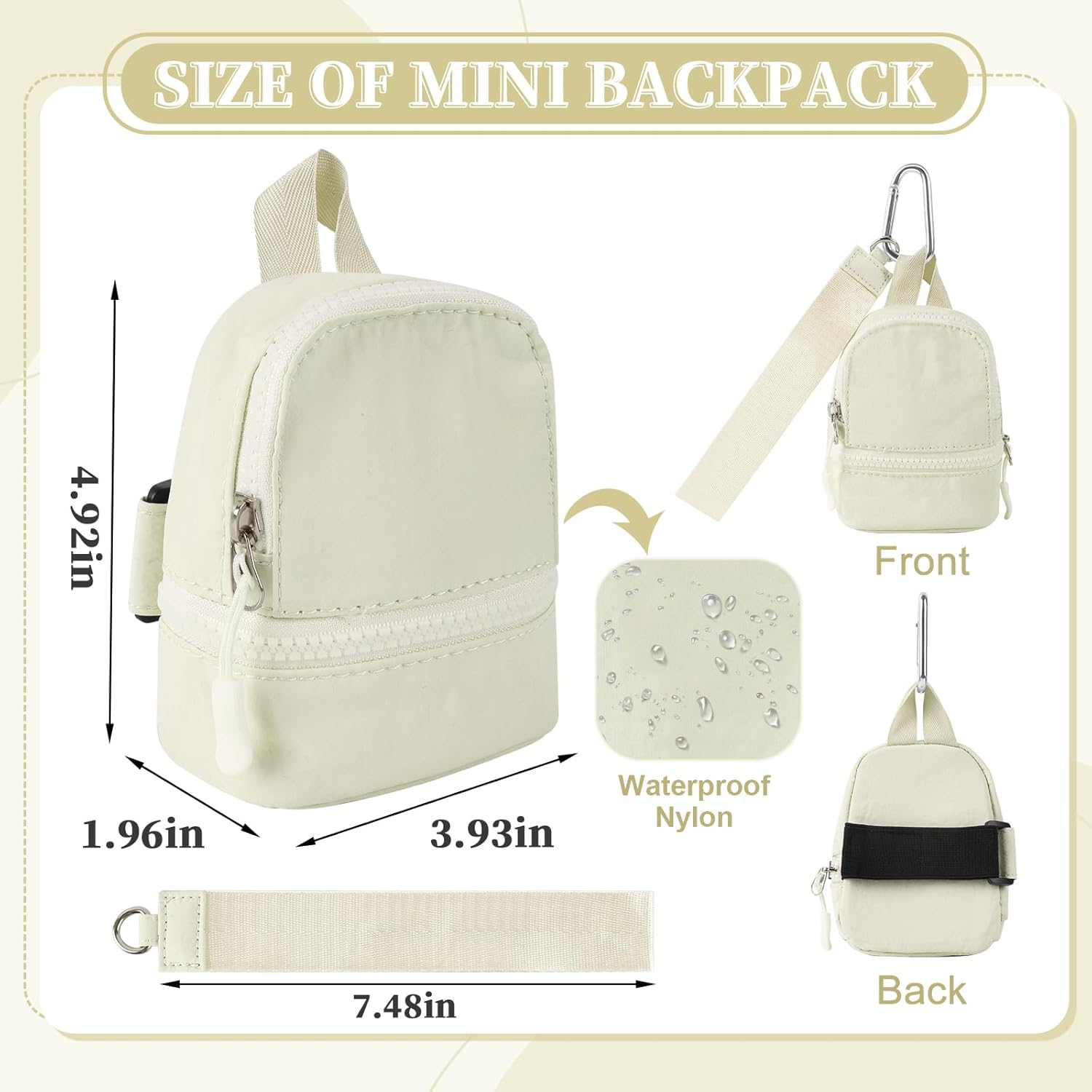 Mini Backpack Keychain Wristlet Wallet Pouch for Women/Men,Small Cute Change Coin Purse With 3 RFID Card Slots,Portable Waterproof Zipper Airpods Cosmetics Wallet for Daily Sport Work(Beige) - Image 2
