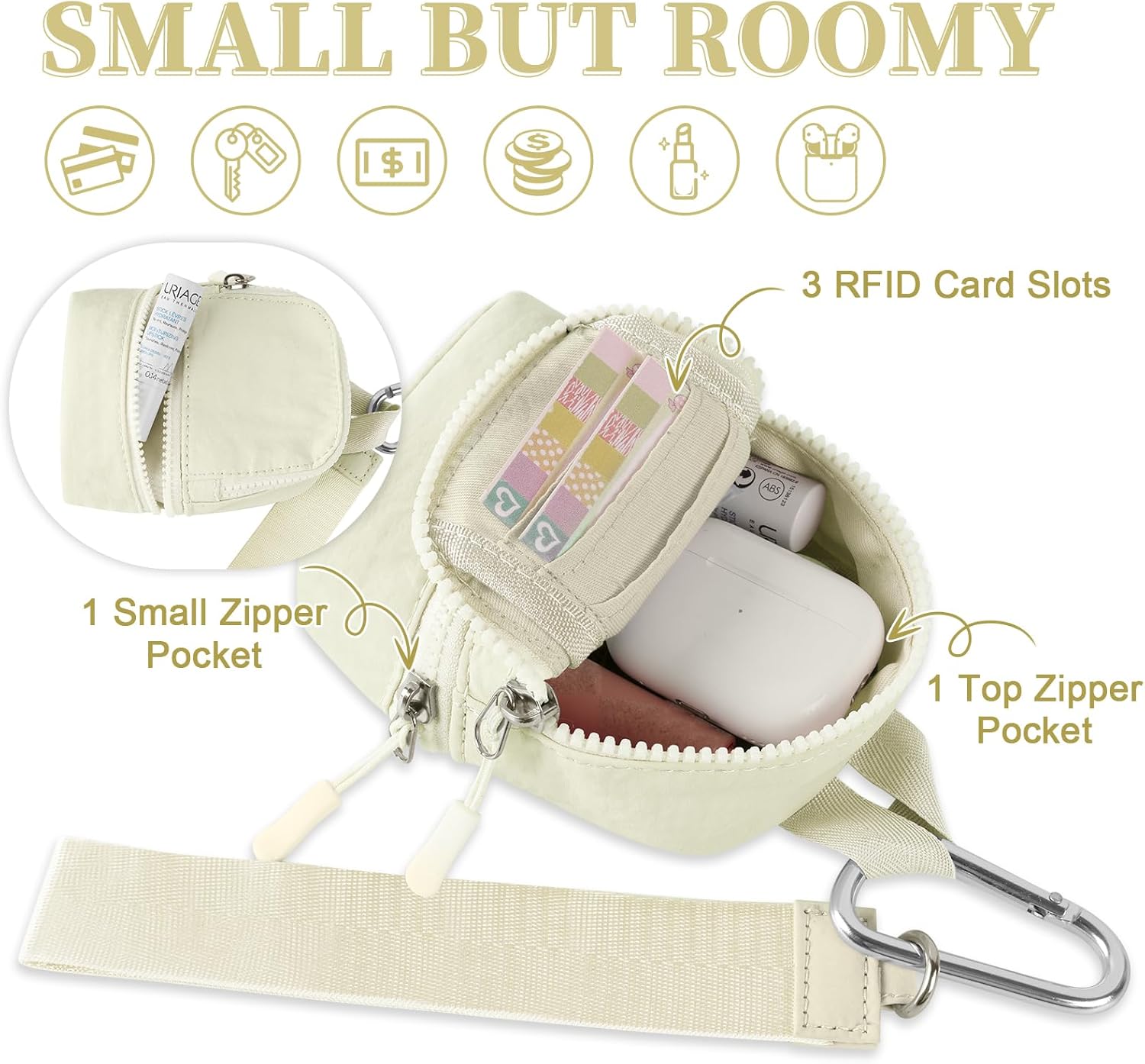 Mini Backpack Keychain Wristlet Wallet Pouch for Women/Men,Small Cute Change Coin Purse With 3 RFID Card Slots,Portable Waterproof Zipper Airpods Cosmetics Wallet for Daily Sport Work(Beige) - Image 5