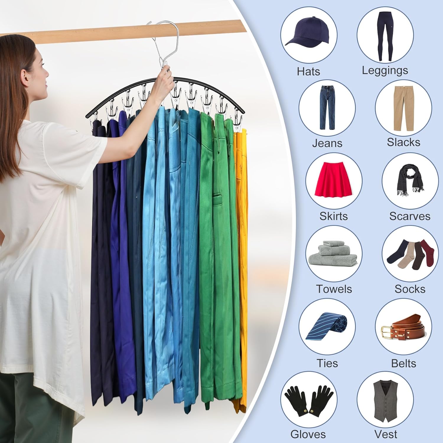 3 Pack Skirt Pants Hangers with Clips, Legging Organizer for Closet Hanging with 10 Cilps Holds 30 Leggings/Shorts/Jeans/Skirts Pants Hangers Space Saving Closet Organizers and Storage, Black - Image 3