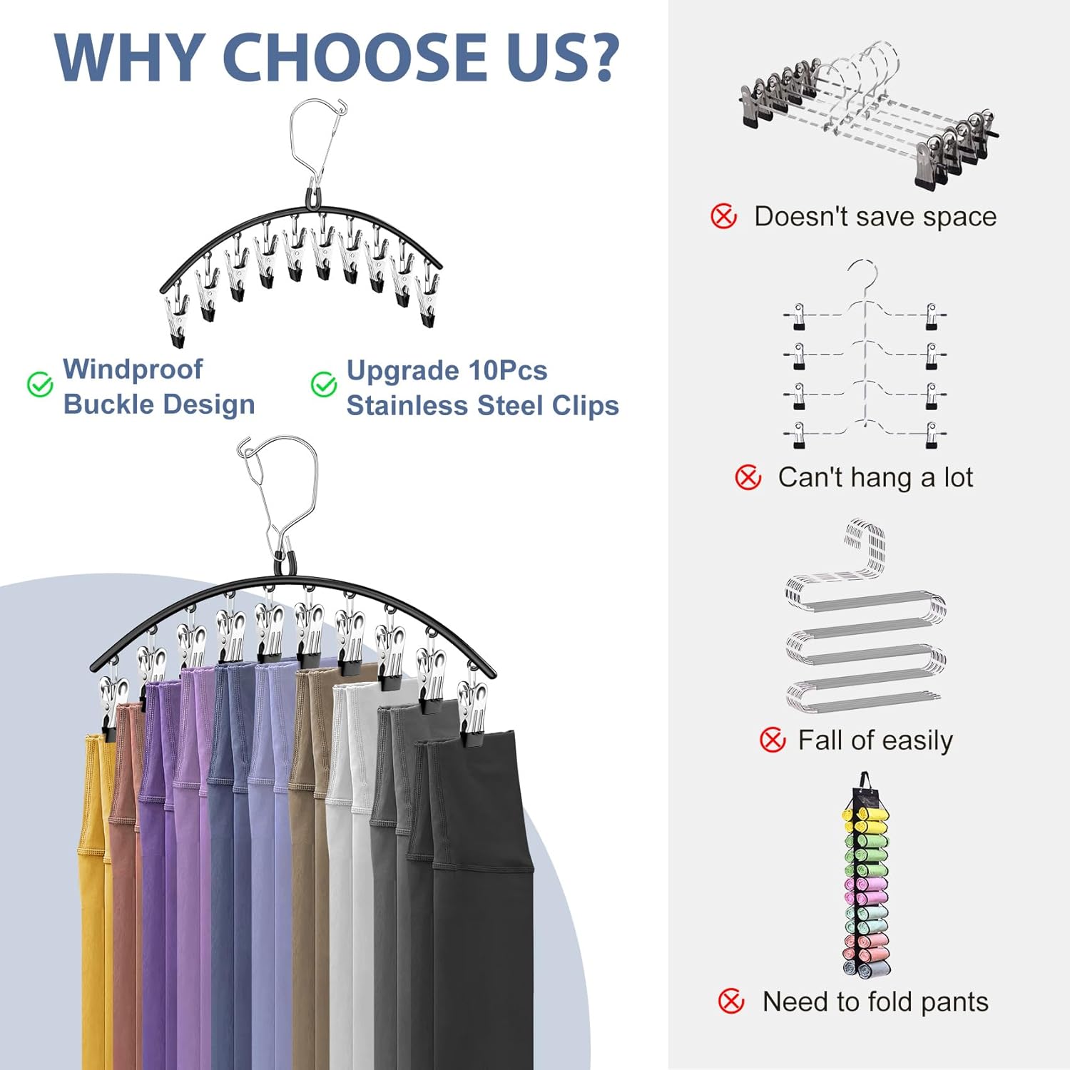 3 Pack Skirt Pants Hangers with Clips, Legging Organizer for Closet Hanging with 10 Cilps Holds 30 Leggings/Shorts/Jeans/Skirts Pants Hangers Space Saving Closet Organizers and Storage, Black - Image 6