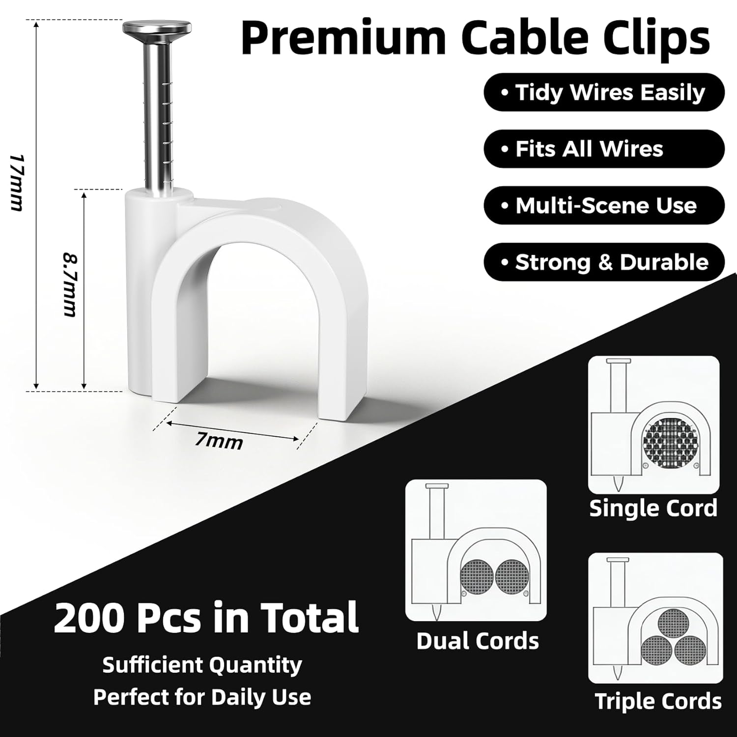 200 Pcs Cable Clips Nail in, Cord Clips Ethernet Cables Wire Wall Clips Cable Straps Cables Tacks Cable Nails Coax Cable Clips Cable Management for Speaker 7mm Cat6 - White - Image 2