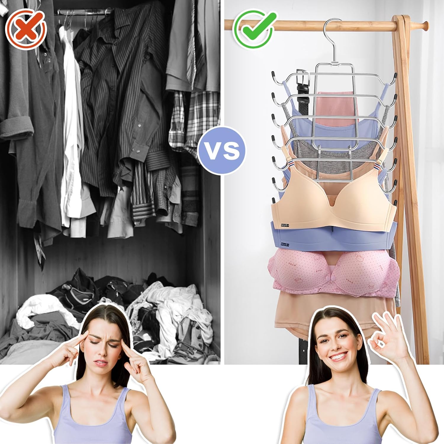2Pcs Tank Top Hangers Space Saving Hanger Organizer Bra Hangers for Closet Organizer 360° Rotating Metal Closet Organizers and Storage Lingerie Hangers for Cami Bras Belts Swimsuits Lingeries Silver - Image 2