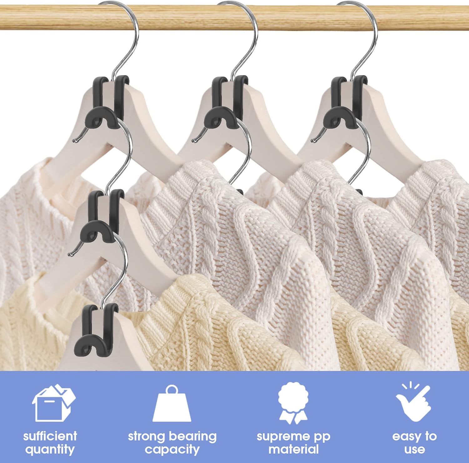 100Pcs Space Saving Hanger Hooks, Plastic Clothes Hanger Connector Hooks, Heavy Duty Space Saver Hanger Extender Clips for Closet Organizers, Black - Image 3