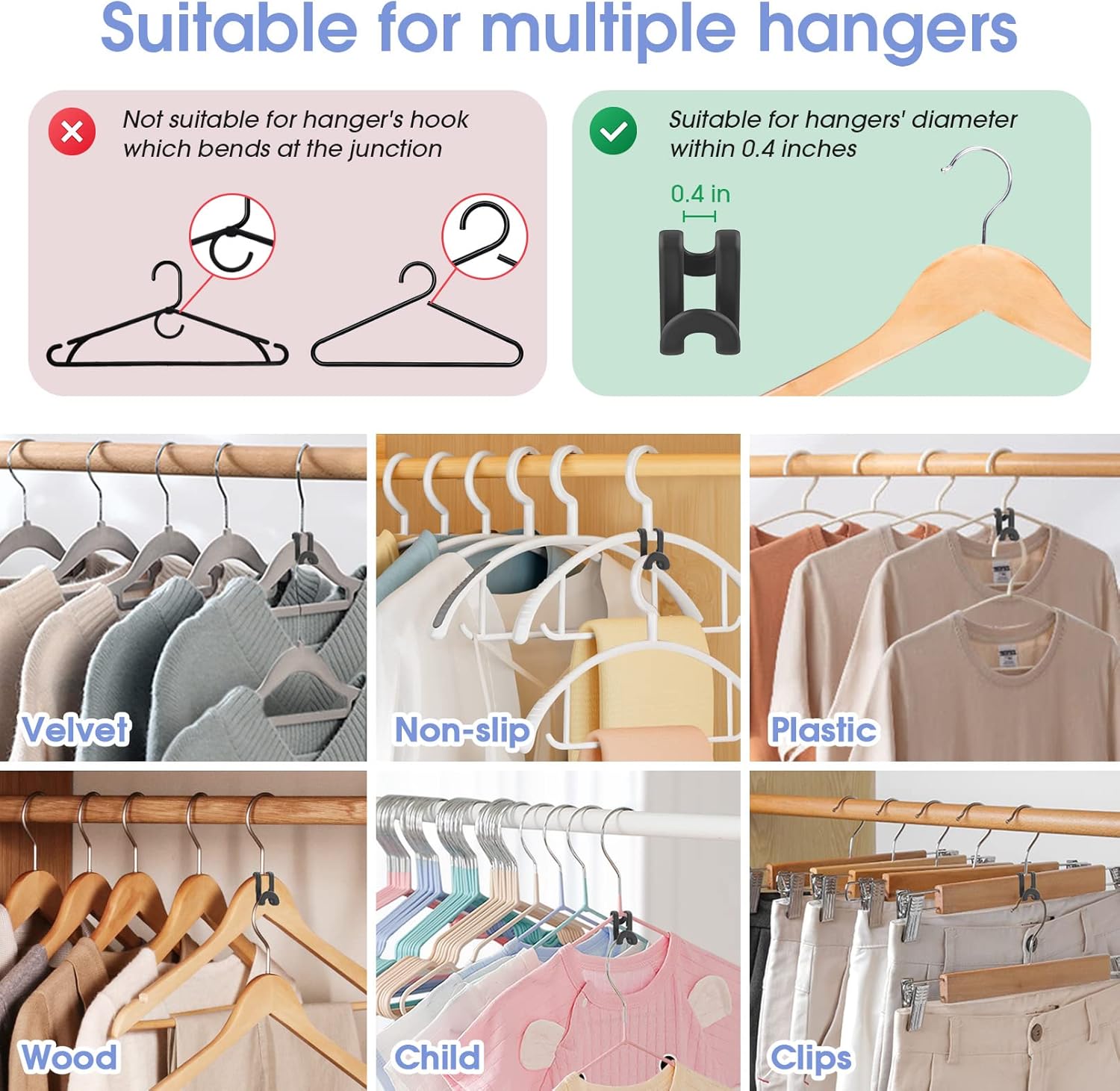 100Pcs Space Saving Hanger Hooks, Plastic Clothes Hanger Connector Hooks, Heavy Duty Space Saver Hanger Extender Clips for Closet Organizers, Black - Image 5
