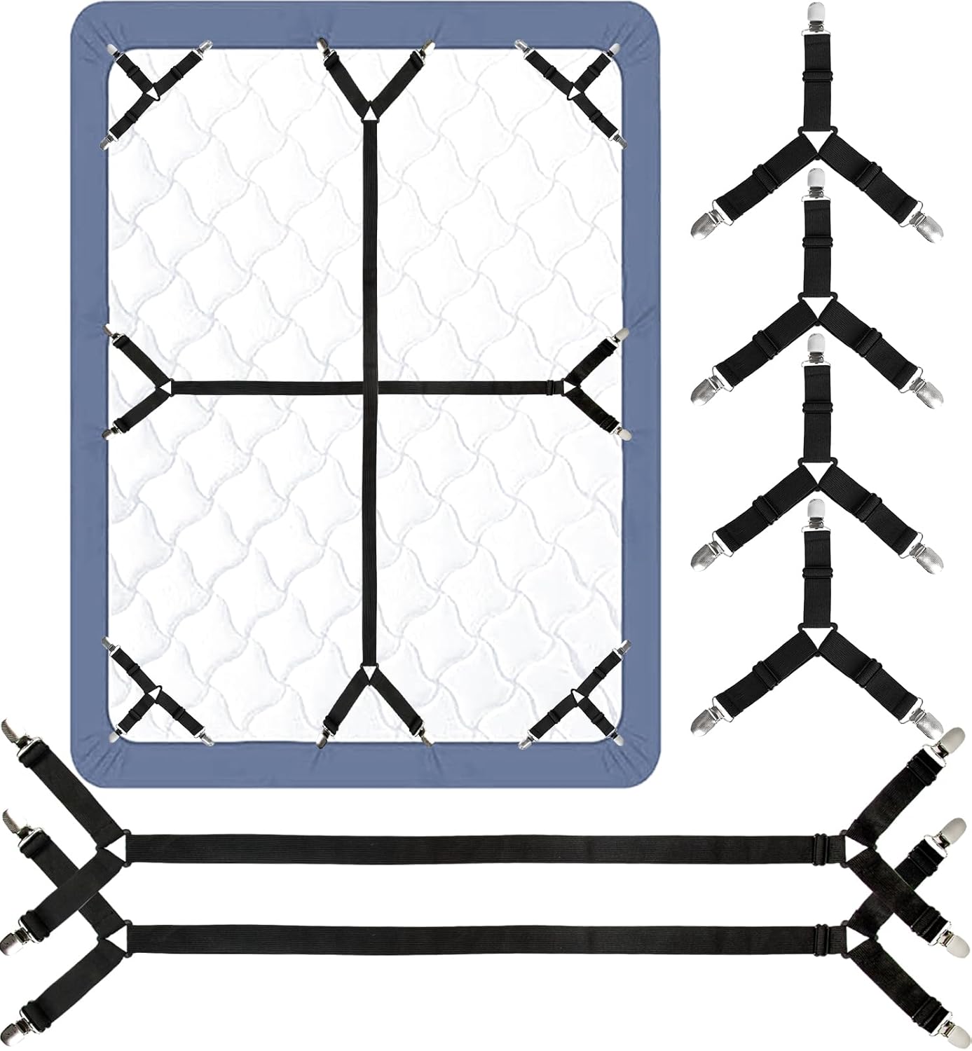 Bed Sheet Straps, 6 Pack Fitted Bed Sheet Fasteners Clips Adjtable Crisscross Bed Sheet Holder Straps for Corners Mattress Sheet Spenders Grippers Bedding Accessories, Black - Image 1