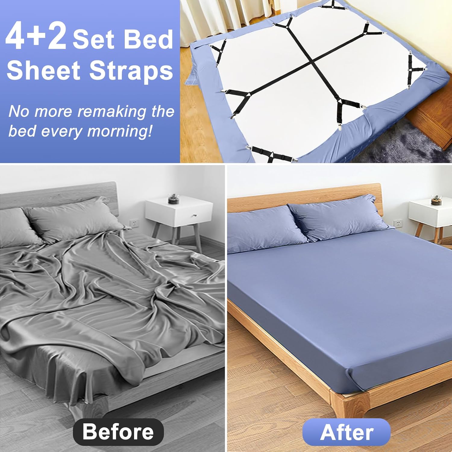 Bed Sheet Straps, 6 Pack Fitted Bed Sheet Fasteners Clips Adjtable Crisscross Bed Sheet Holder Straps for Corners Mattress Sheet Spenders Grippers Bedding Accessories, Black - Image 2