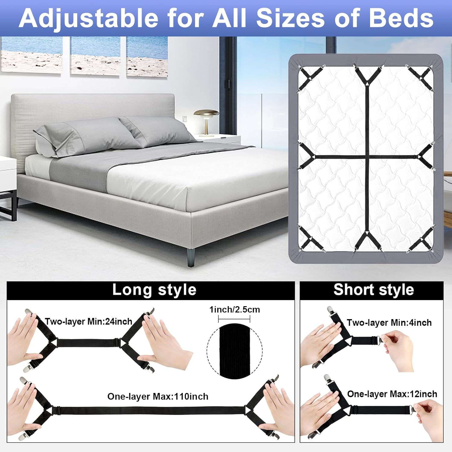 Bed Sheet Straps, 6 Pack Fitted Bed Sheet Fasteners Clips Adjtable Crisscross Bed Sheet Holder Straps for Corners Mattress Sheet Spenders Grippers Bedding Accessories, Black - Image 3