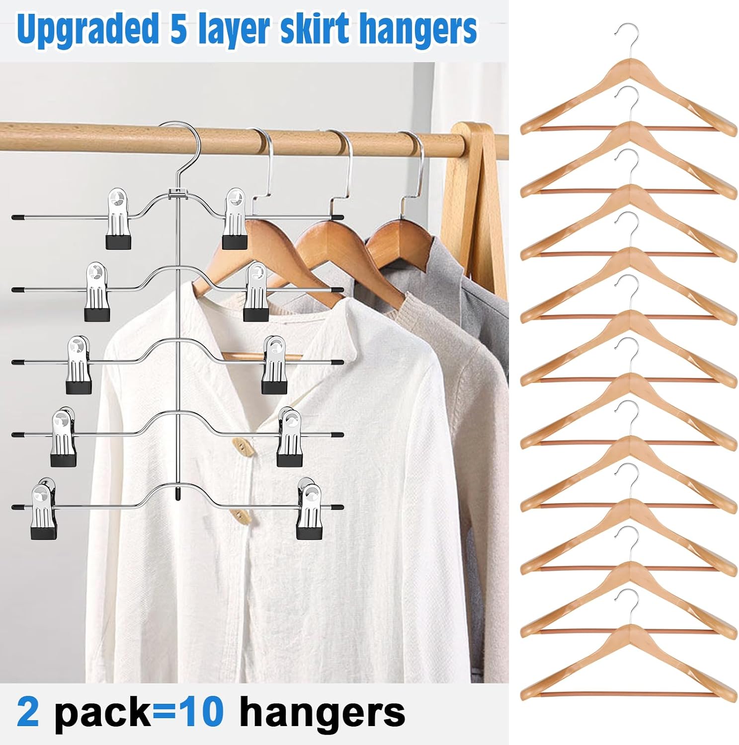 Pants Skirt Hangers with Clips, 2 Pack Pant Hangers Skirt Hangers Space Saving Closet Hanger Organizer Closet Organizers and Storage - Image 3
