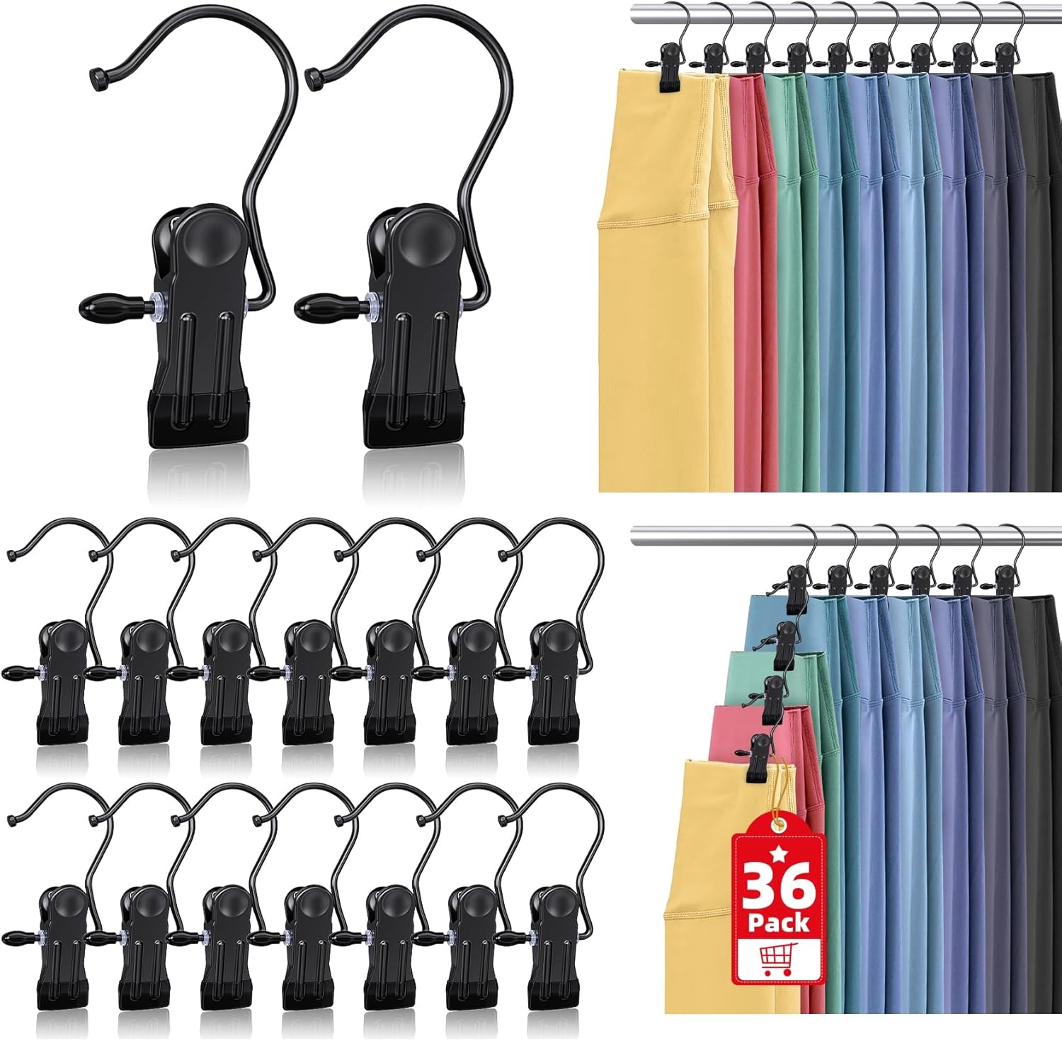 36 Pack Boot Hangers Clips for Closet, Laundry Hooks Hanging Clips Pants Hangers with Clips Legging Organizer Clothes Pins Hanger Clips for Closet Organizer Towel Socks Hats Jeans Home Travel Black - Image 1