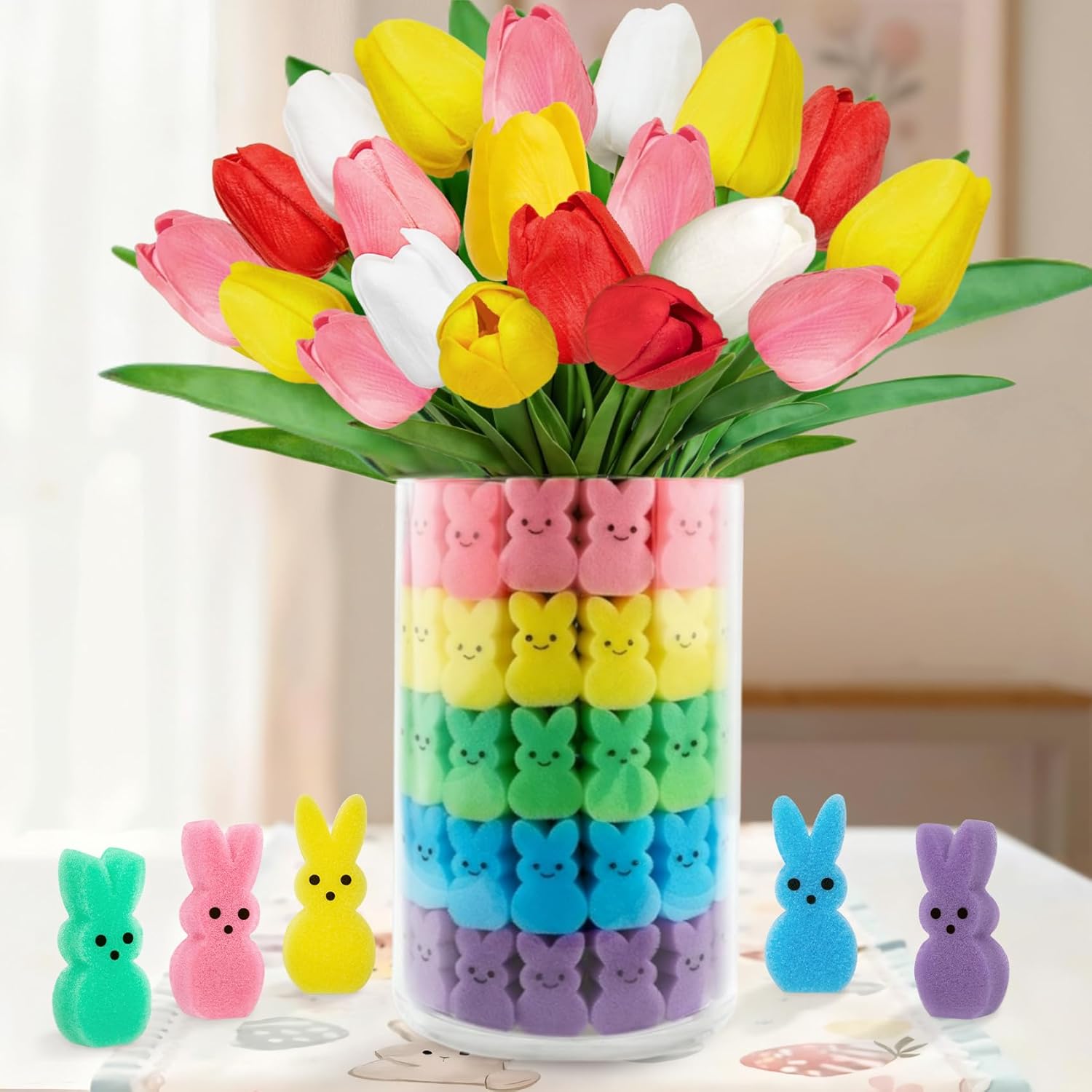 75Pcs Easter Decorations Set with 15Pcs Artificial Tulips and 60Pcs Sponge Bunnies Peeps Vase Filler, Spring Decorations for Home Indoor Decor Table Centerpiece Easter Gifts(Vase Not Included) - Image 1