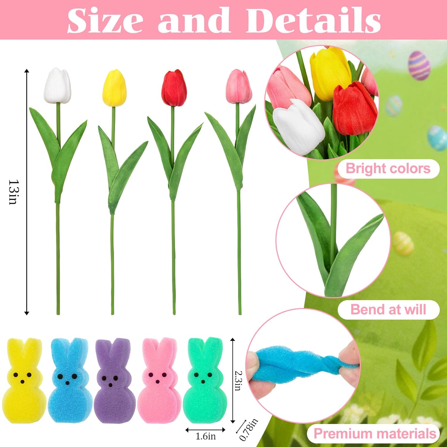 75Pcs Easter Decorations Set with 15Pcs Artificial Tulips and 60Pcs Sponge Bunnies Peeps Vase Filler, Spring Decorations for Home Indoor Decor Table Centerpiece Easter Gifts(Vase Not Included) - Image 2