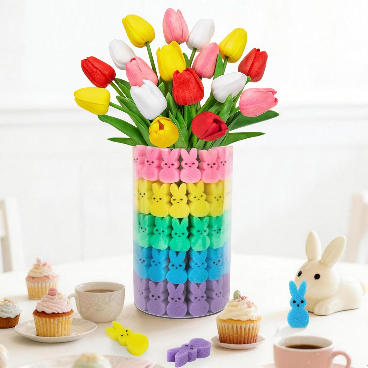 75Pcs Easter Decorations Set with 15Pcs Artificial Tulips and 60Pcs Sponge Bunnies Peeps Vase Filler, Spring Decorations for Home Indoor Decor Table Centerpiece Easter Gifts(Vase Not Included) - Image 3