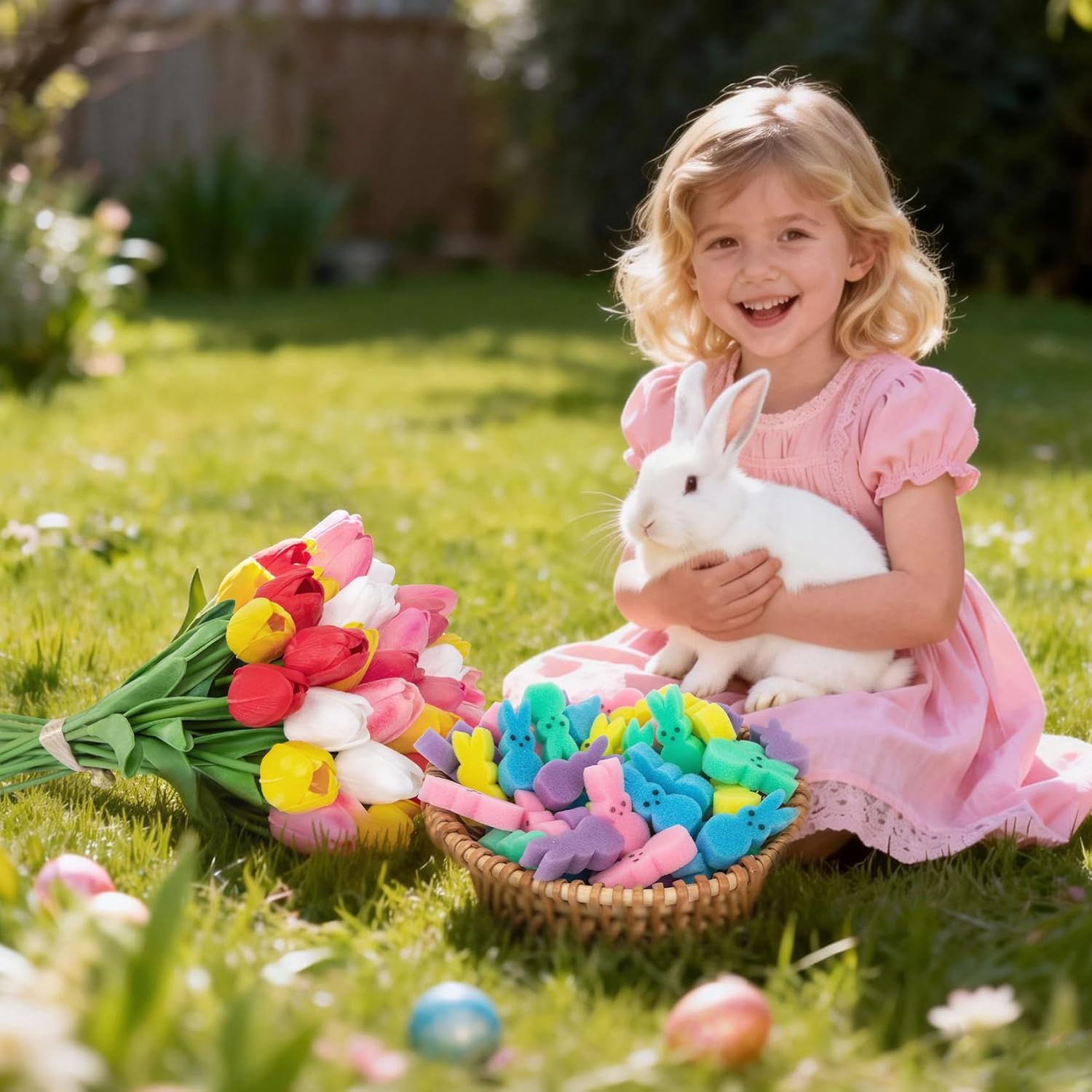 75Pcs Easter Decorations Set with 15Pcs Artificial Tulips and 60Pcs Sponge Bunnies Peeps Vase Filler, Spring Decorations for Home Indoor Decor Table Centerpiece Easter Gifts(Vase Not Included) - Image 4