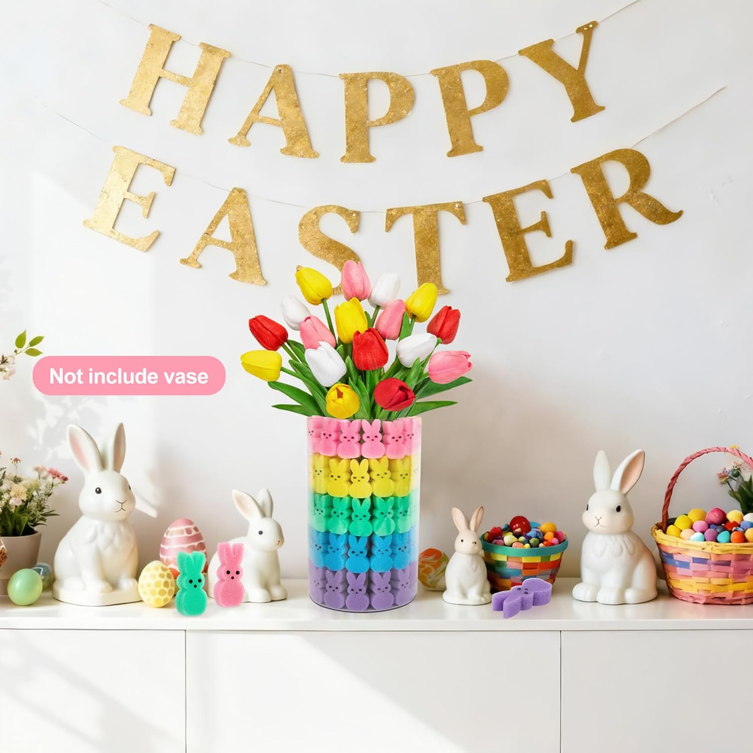 75Pcs Easter Decorations Set with 15Pcs Artificial Tulips and 60Pcs Sponge Bunnies Peeps Vase Filler, Spring Decorations for Home Indoor Decor Table Centerpiece Easter Gifts(Vase Not Included) - Image 5
