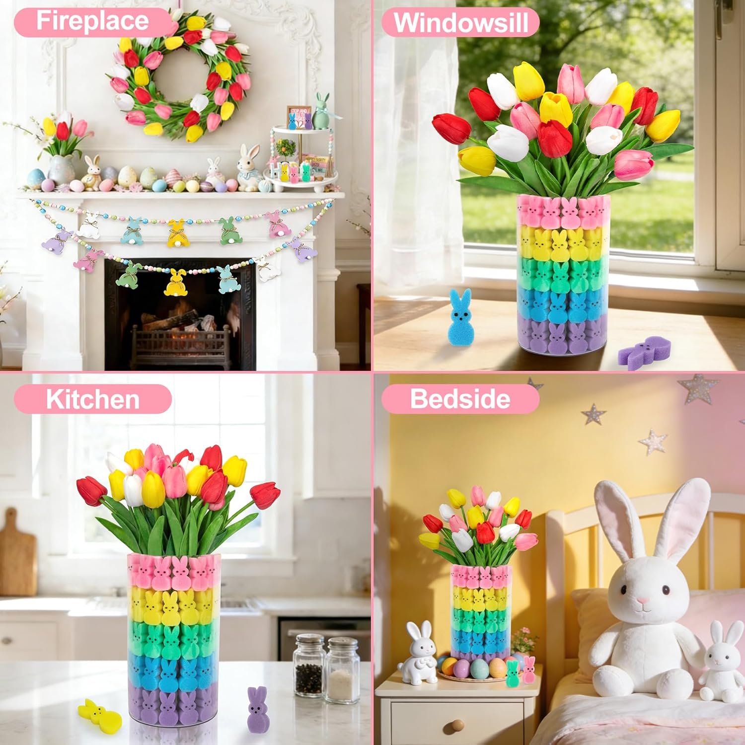 75Pcs Easter Decorations Set with 15Pcs Artificial Tulips and 60Pcs Sponge Bunnies Peeps Vase Filler, Spring Decorations for Home Indoor Decor Table Centerpiece Easter Gifts(Vase Not Included) - Image 6