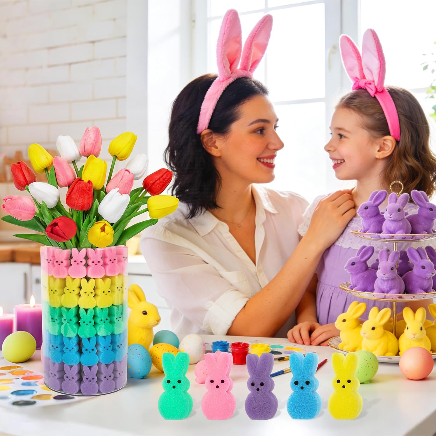 75Pcs Easter Decorations Set with 15Pcs Artificial Tulips and 60Pcs Sponge Bunnies Peeps Vase Filler, Spring Decorations for Home Indoor Decor Table Centerpiece Easter Gifts(Vase Not Included) - Image 7