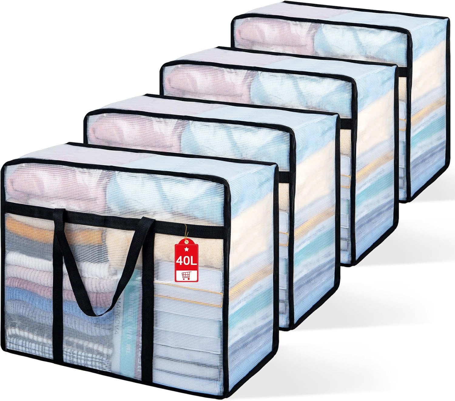 4 Pack Clear Blanket Storage Bags, Plastic Comforter Clothes Storage Bags Underded Moving Bags Closet Organizers and Storage Zippered Sturdy Handle for Bedding, Clothes, Linen, Toys, Quilt, Duvet 40L - Image 1