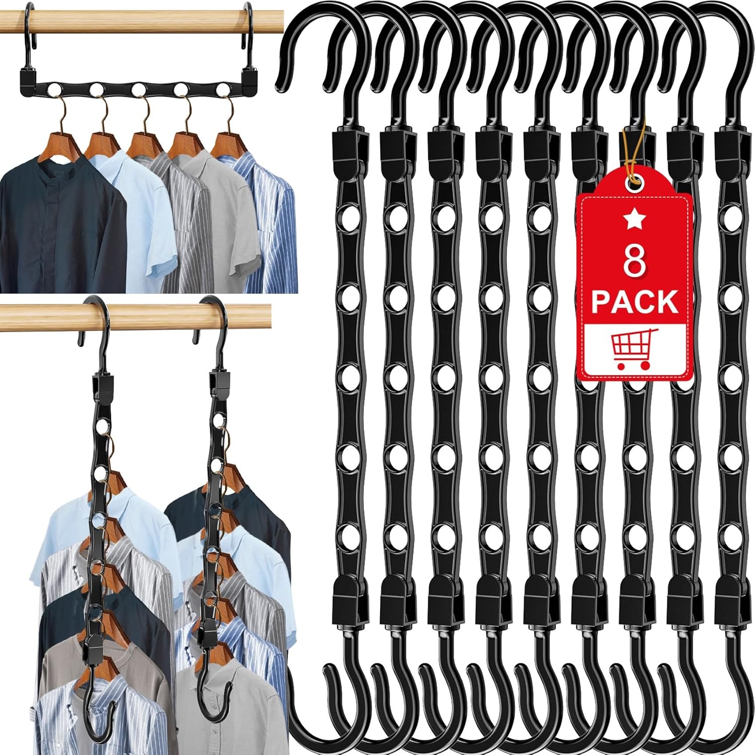 8 Pack Hangers Space Saving Magic Space Saver Storage Smart Plastic Clothes Hanger Organizer Closet Organizers and Storage for Closet Wardrobe Apartment College Dorm Room Essentials, Black - Image 1