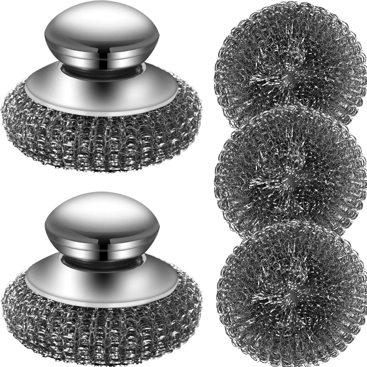 Steel Wool Scrubber with 2 Handles & 3 Replacement Wire Sponge(Scouring Pads) - Stainless Metal Cleaner Heavy Duty Brh for Pots, Pans, Cast Iron, Grill, Sink, Dishes, Stove, Kitchen Deep Clean - Image 1