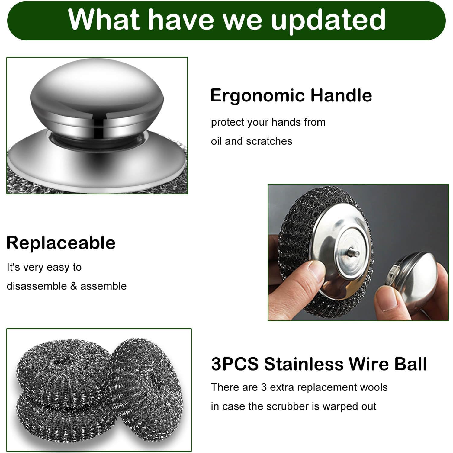 Steel Wool Scrubber with 2 Handles & 3 Replacement Wire Sponge(Scouring Pads) - Stainless Metal Cleaner Heavy Duty Brh for Pots, Pans, Cast Iron, Grill, Sink, Dishes, Stove, Kitchen Deep Clean - Image 2