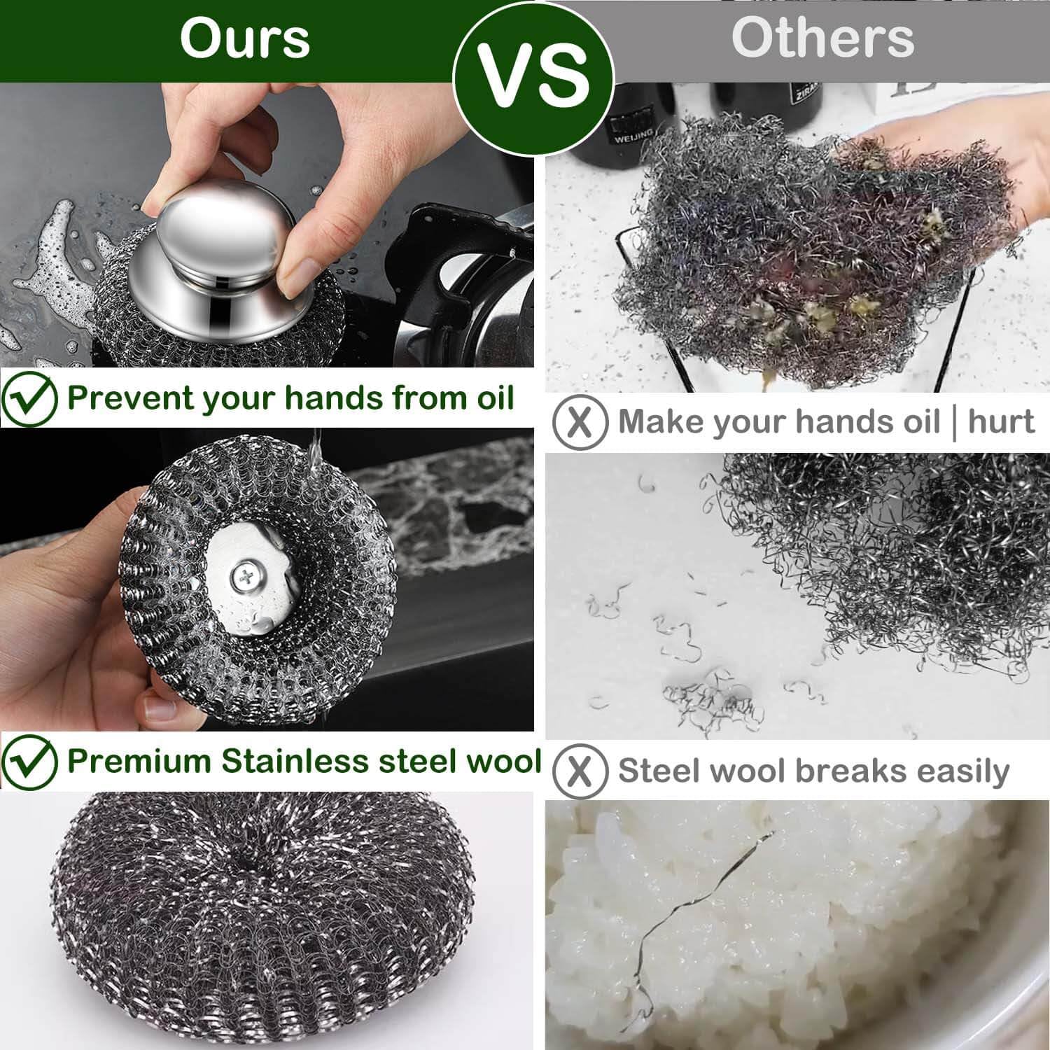 Steel Wool Scrubber with 2 Handles & 3 Replacement Wire Sponge(Scouring Pads) - Stainless Metal Cleaner Heavy Duty Brh for Pots, Pans, Cast Iron, Grill, Sink, Dishes, Stove, Kitchen Deep Clean - Image 3