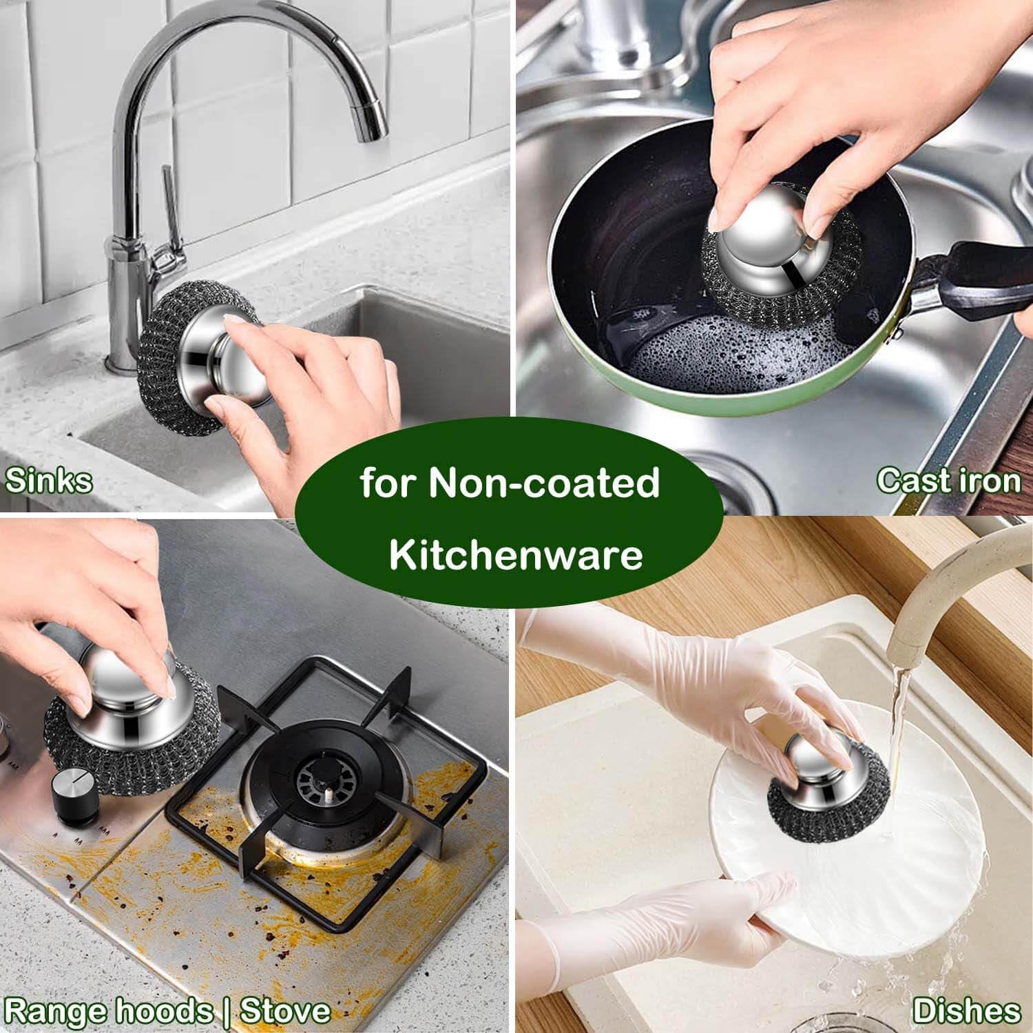 Steel Wool Scrubber with 2 Handles & 3 Replacement Wire Sponge(Scouring Pads) - Stainless Metal Cleaner Heavy Duty Brh for Pots, Pans, Cast Iron, Grill, Sink, Dishes, Stove, Kitchen Deep Clean - Image 4