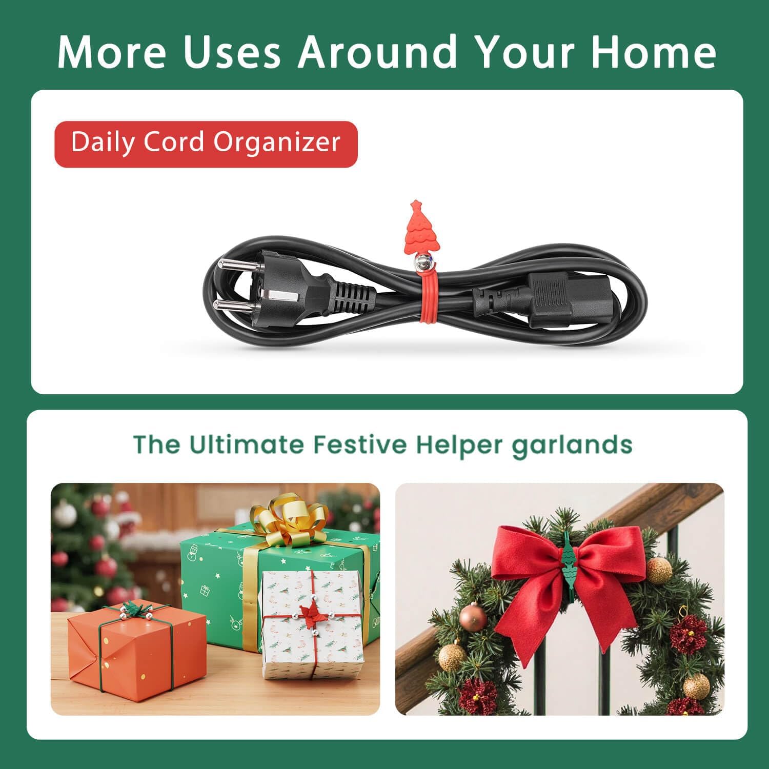 Christmas Ornament Hooks Green Tree Hanger - 20 PCS Reable Silicone Clips, Cable Ties, Cord Organizers for Holiday Decorations Storage, Elastic Stretchable - Image 4