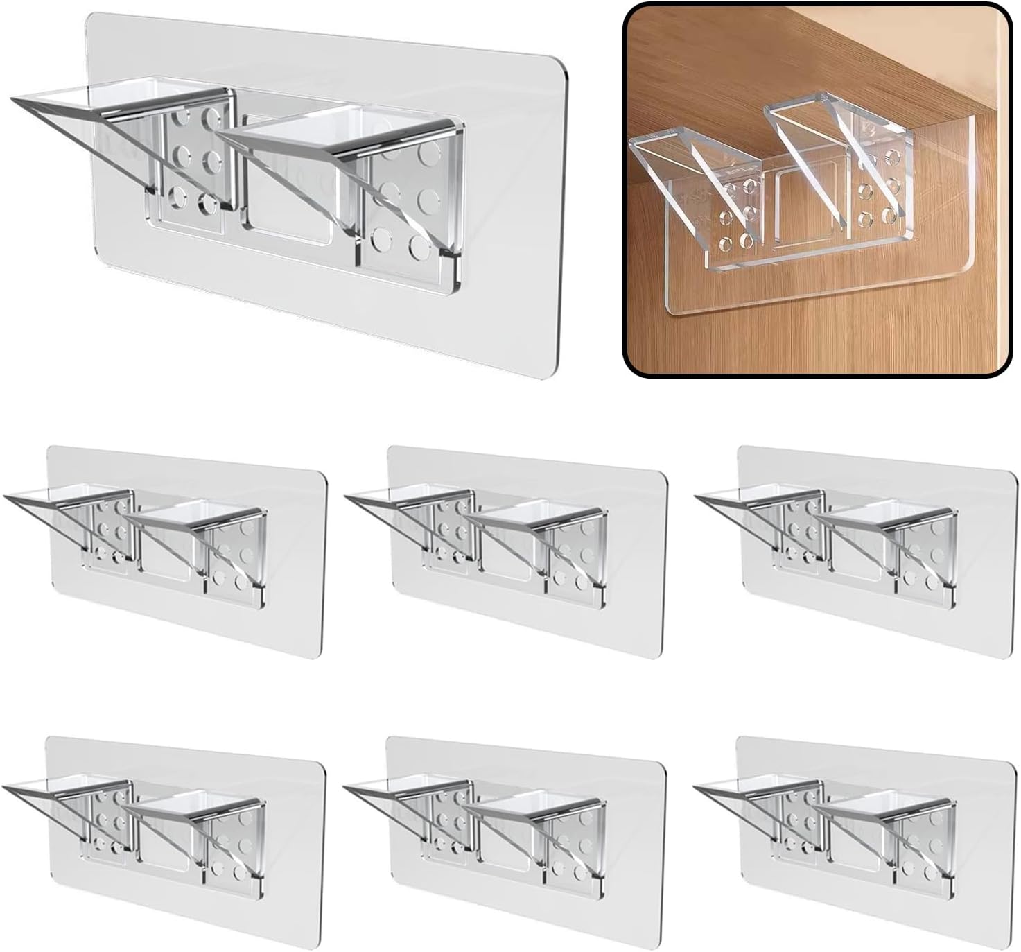 6-Pack Heavy-Duty Adhesive Shelf Brackets, Large Size Double Row Brackets, No-Drill Wall Mount Pegs,Shelf Support Pegs for Kitchen Cabinets, Bookshelves, and Closets - Image 1