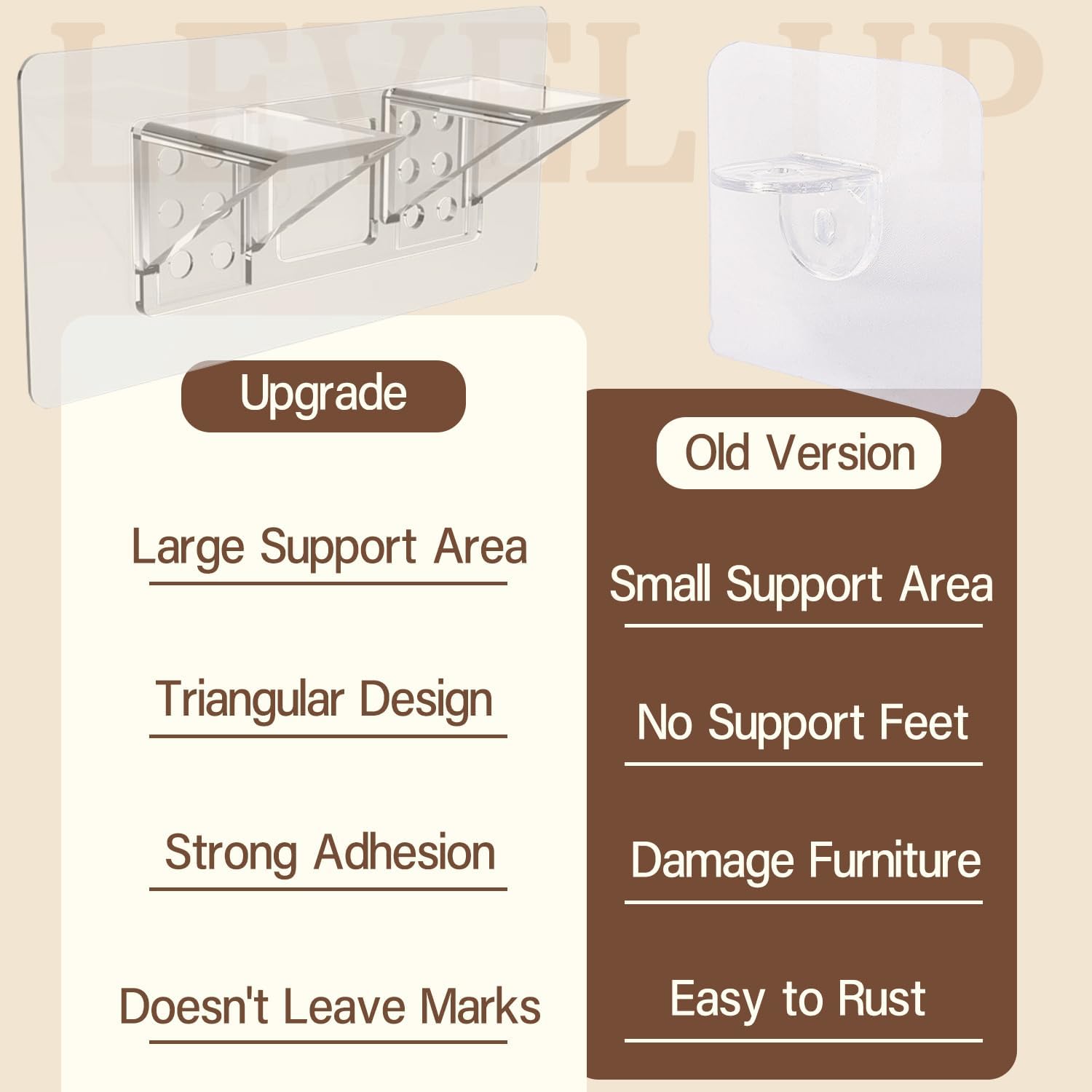 6-Pack Heavy-Duty Adhesive Shelf Brackets, Large Size Double Row Brackets, No-Drill Wall Mount Pegs,Shelf Support Pegs for Kitchen Cabinets, Bookshelves, and Closets - Image 5