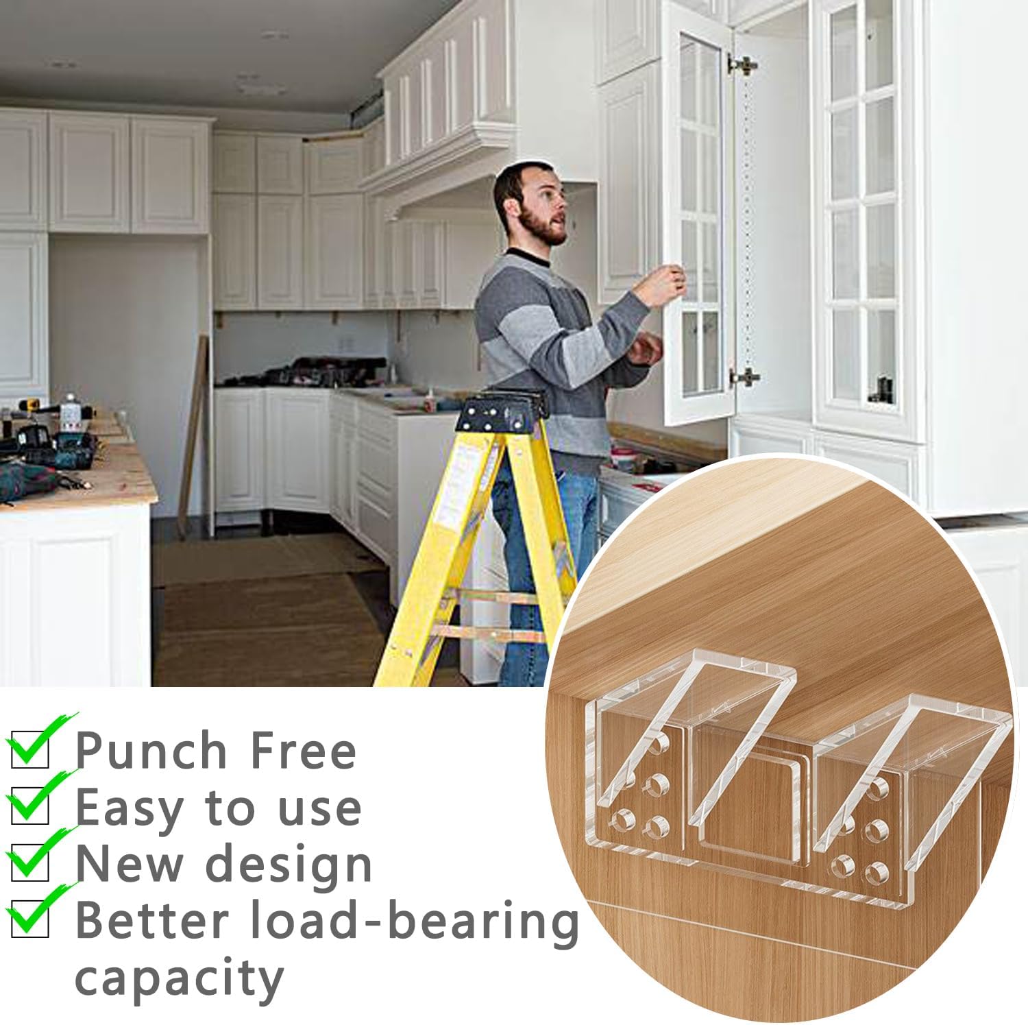 6-Pack Heavy-Duty Adhesive Shelf Brackets, Large Size Double Row Brackets, No-Drill Wall Mount Pegs,Shelf Support Pegs for Kitchen Cabinets, Bookshelves, and Closets - Image 6