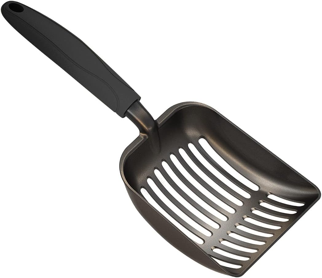 Cat Litter Scoop, Non-Stick Plated Aluminum Alloy Sifter, Kitty Durable Metal Scooper, Deep Shovel, Long Handle, Kitten Pooper Lifter, Size Medium, Coated Black Body with Black Handle - Image 1