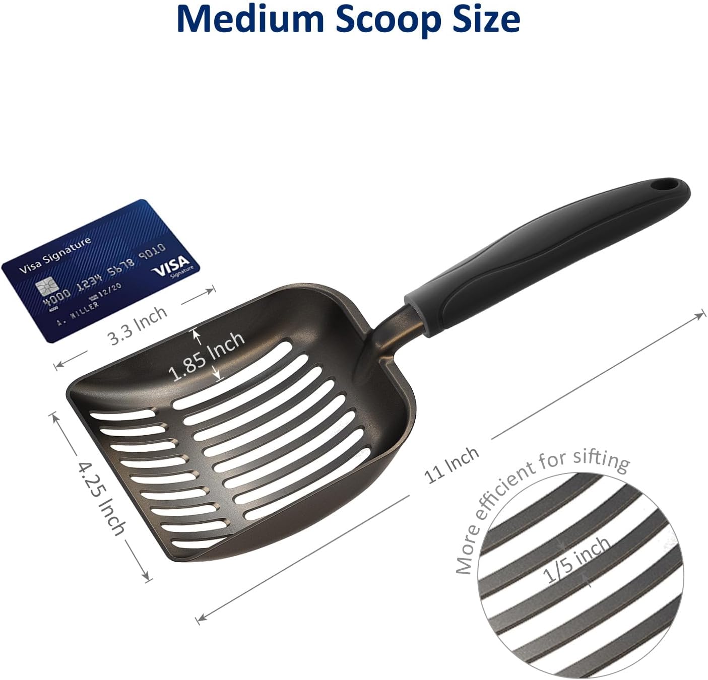 Cat Litter Scoop, Non-Stick Plated Aluminum Alloy Sifter, Kitty Durable Metal Scooper, Deep Shovel, Long Handle, Kitten Pooper Lifter, Size Medium, Coated Black Body with Black Handle - Image 4