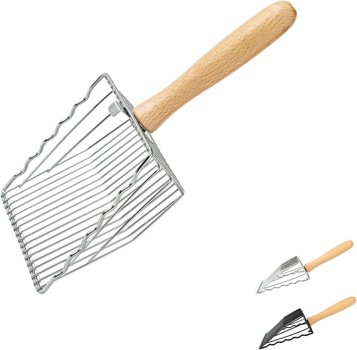 Premium Metal Cat Litter Scoop, 5X Faster Speed Sifter, Heavy Duty Steel Kitty Scooper, Beech Wood Handle, for All Litter Types, Silver - Image 1