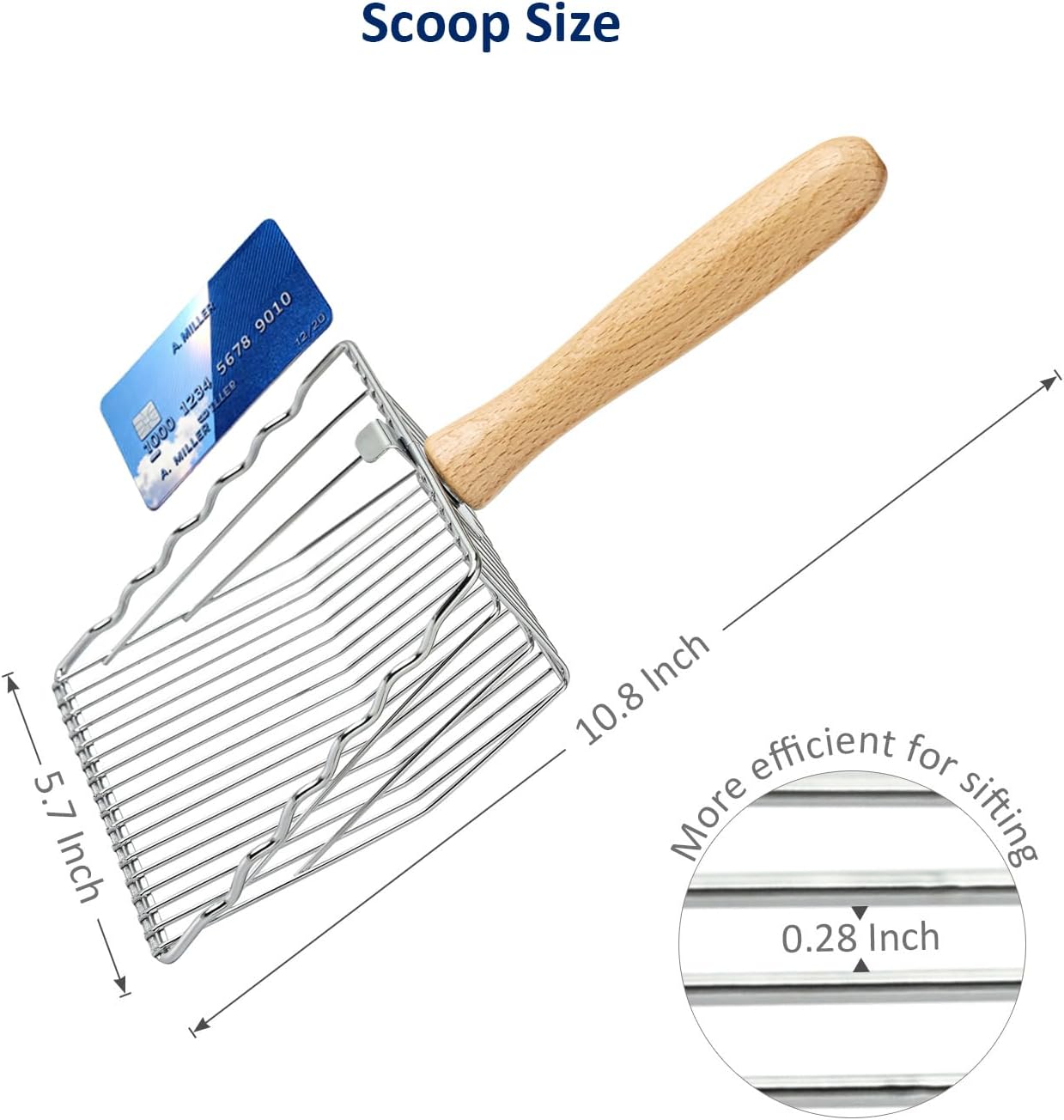Premium Metal Cat Litter Scoop, 5X Faster Speed Sifter, Heavy Duty Steel Kitty Scooper, Beech Wood Handle, for All Litter Types, Silver - Image 2
