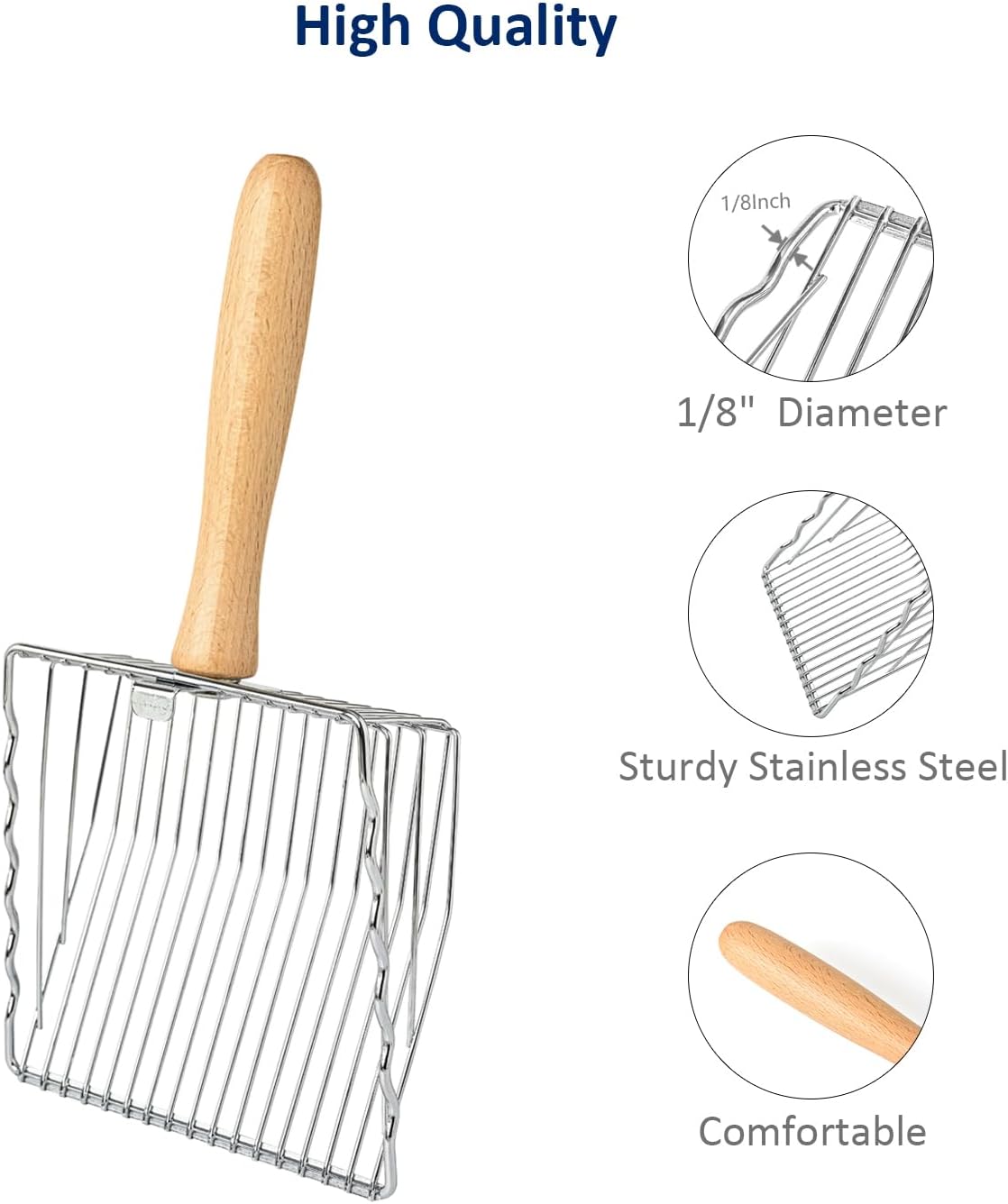 Premium Metal Cat Litter Scoop, 5X Faster Speed Sifter, Heavy Duty Steel Kitty Scooper, Beech Wood Handle, for All Litter Types, Silver - Image 3