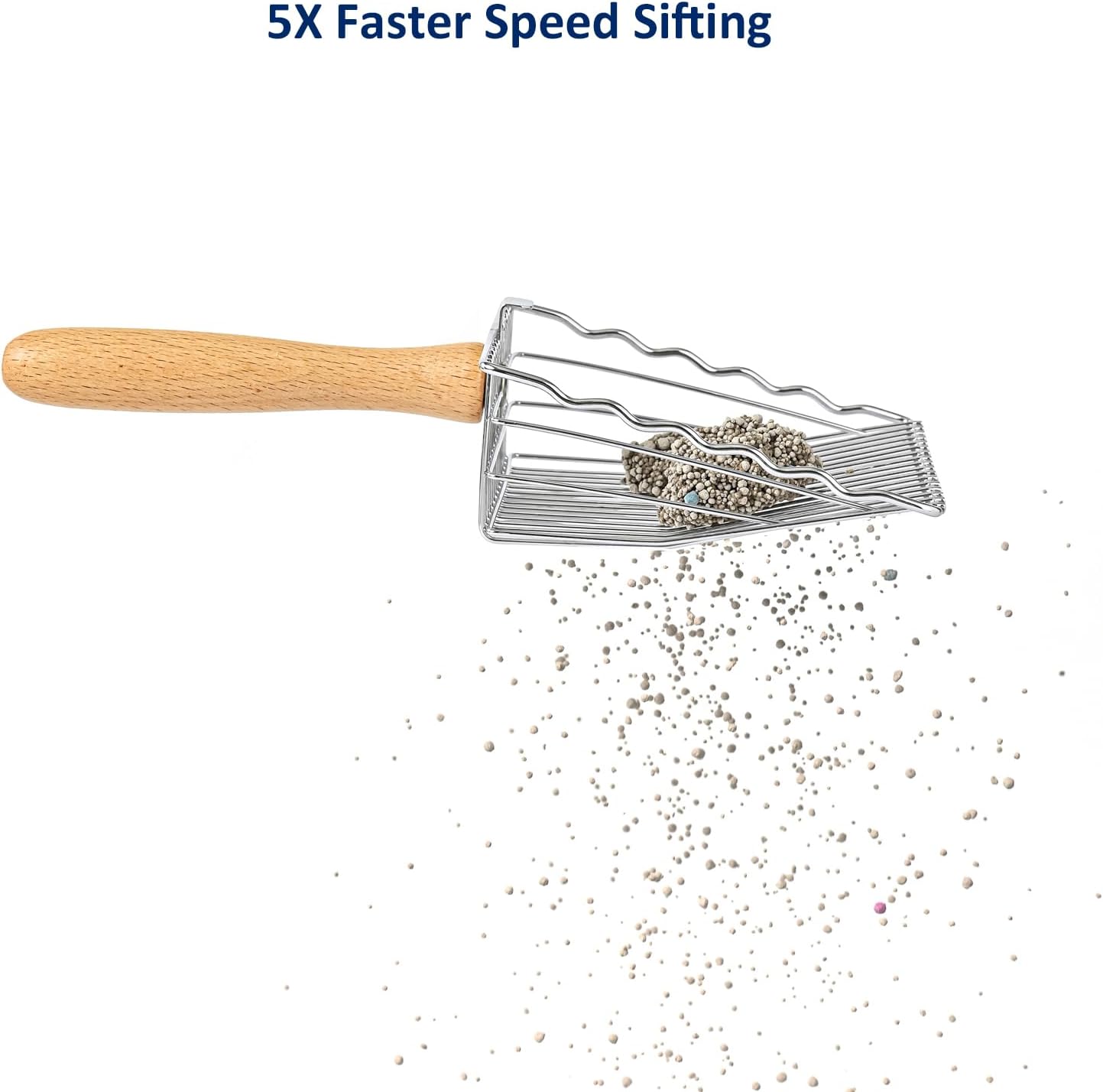 Premium Metal Cat Litter Scoop, 5X Faster Speed Sifter, Heavy Duty Steel Kitty Scooper, Beech Wood Handle, for All Litter Types, Silver - Image 4