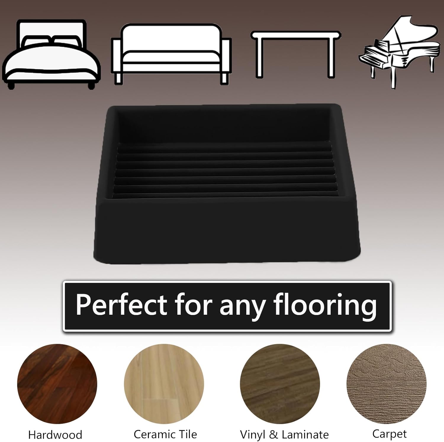 2x2 Square Rubber Furniture Caster Cups, Anti-Sliding Furniture Pads Bed Stopper Floor Protectors with Grip - Protect Any Flooring - Image 2