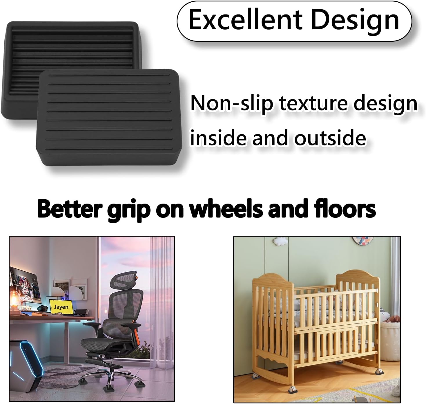 Furniture Wheels Caster Cups, Non-Slip Rubber Bed Frame Stopper Floor Protector for Any Furniture with Wheels - 4 Pack (Black) - Image 3