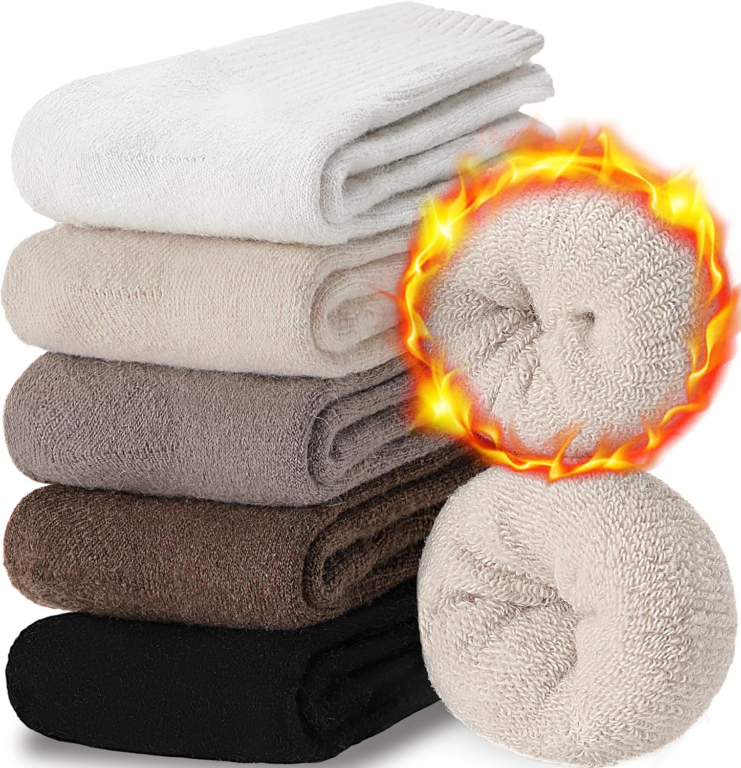 5 Pairs Women Merino Wool Boot Socks Warm Thermal Winter Thick Hiking Cozy Cabin Crew Comfy Socks for Ladies - Image 1