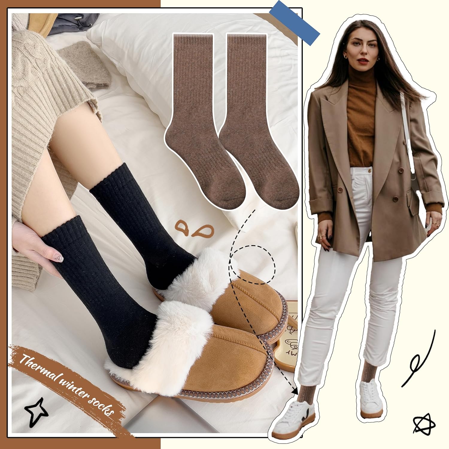5 Pairs Women Merino Wool Boot Socks Warm Thermal Winter Thick Hiking Cozy Cabin Crew Comfy Socks for Ladies - Image 2