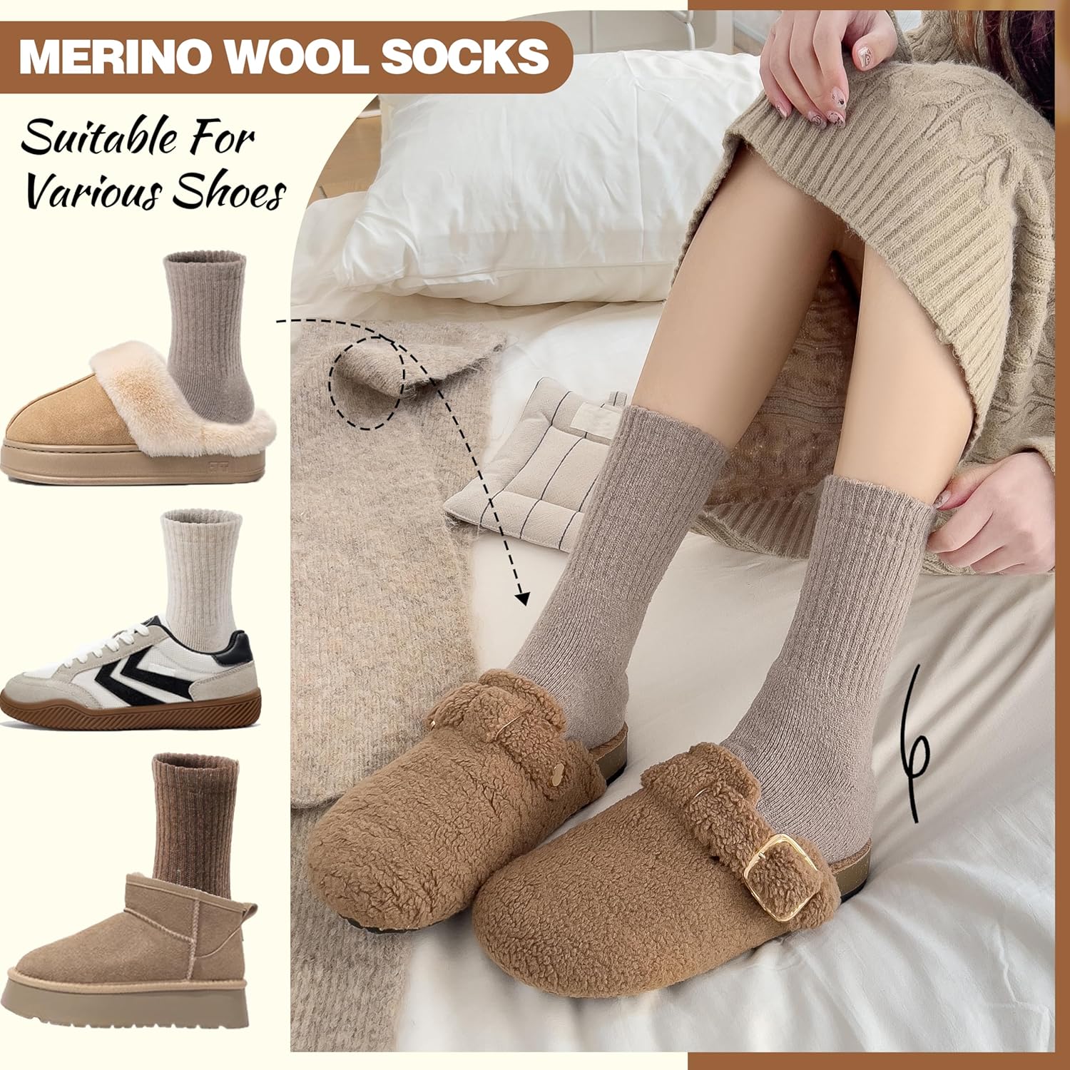 5 Pairs Women Merino Wool Boot Socks Warm Thermal Winter Thick Hiking Cozy Cabin Crew Comfy Socks for Ladies - Image 3